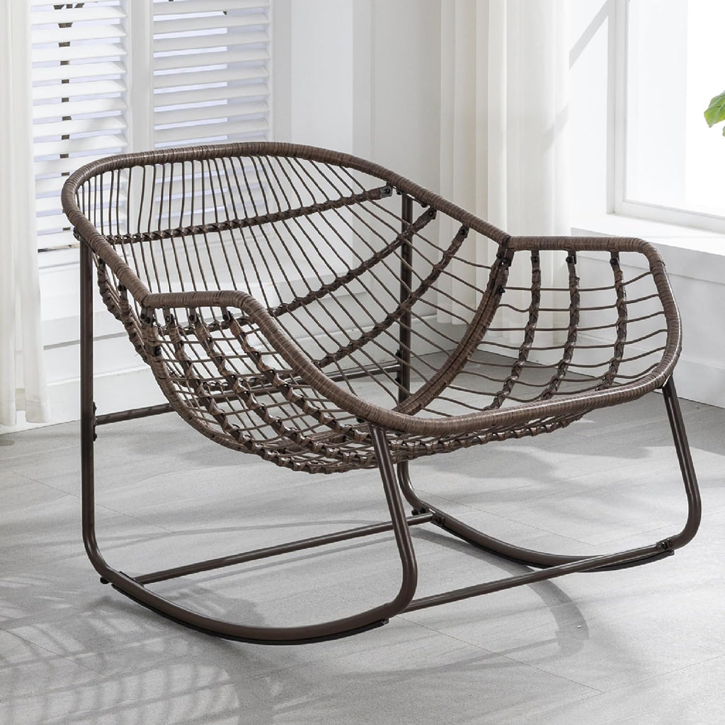KEIKI Oversized Patio Lounge Chair-Outdoor Rattan Egg Reading Chair, Indoor Padded Cushion Papasan Rocking Chair W/Steel Frame, Porch Rocker Chairs Furniture for Garden Lawn, Orange Red Spun-polyester