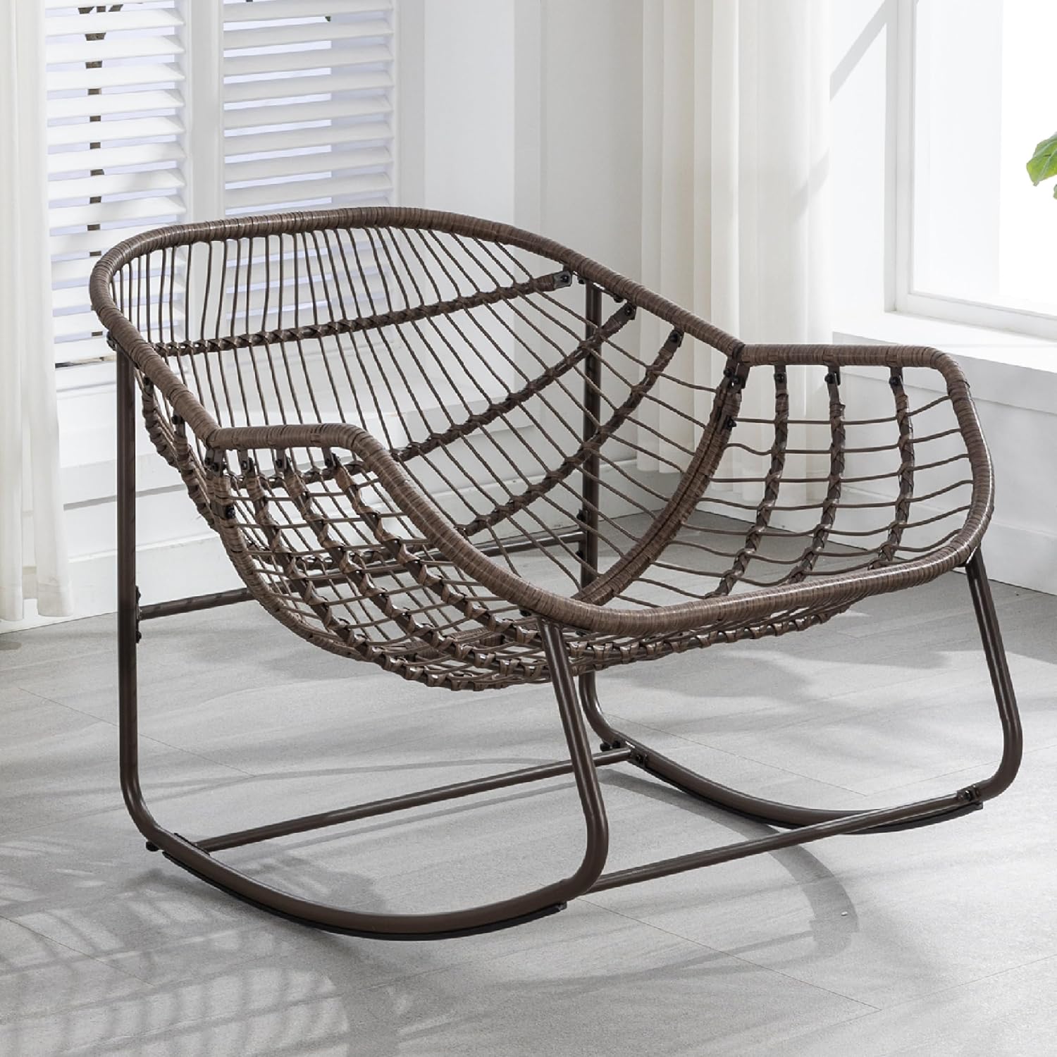 KEIKI Oversized Patio Lounge Chair-Outdoor Rattan Egg Reading Chair, Indoor Padded Cushion Papasan Rocking Chair W/Steel Frame, Porch Rocker Chairs Furniture for Garden Lawn, Orange Red Spun-polyester
