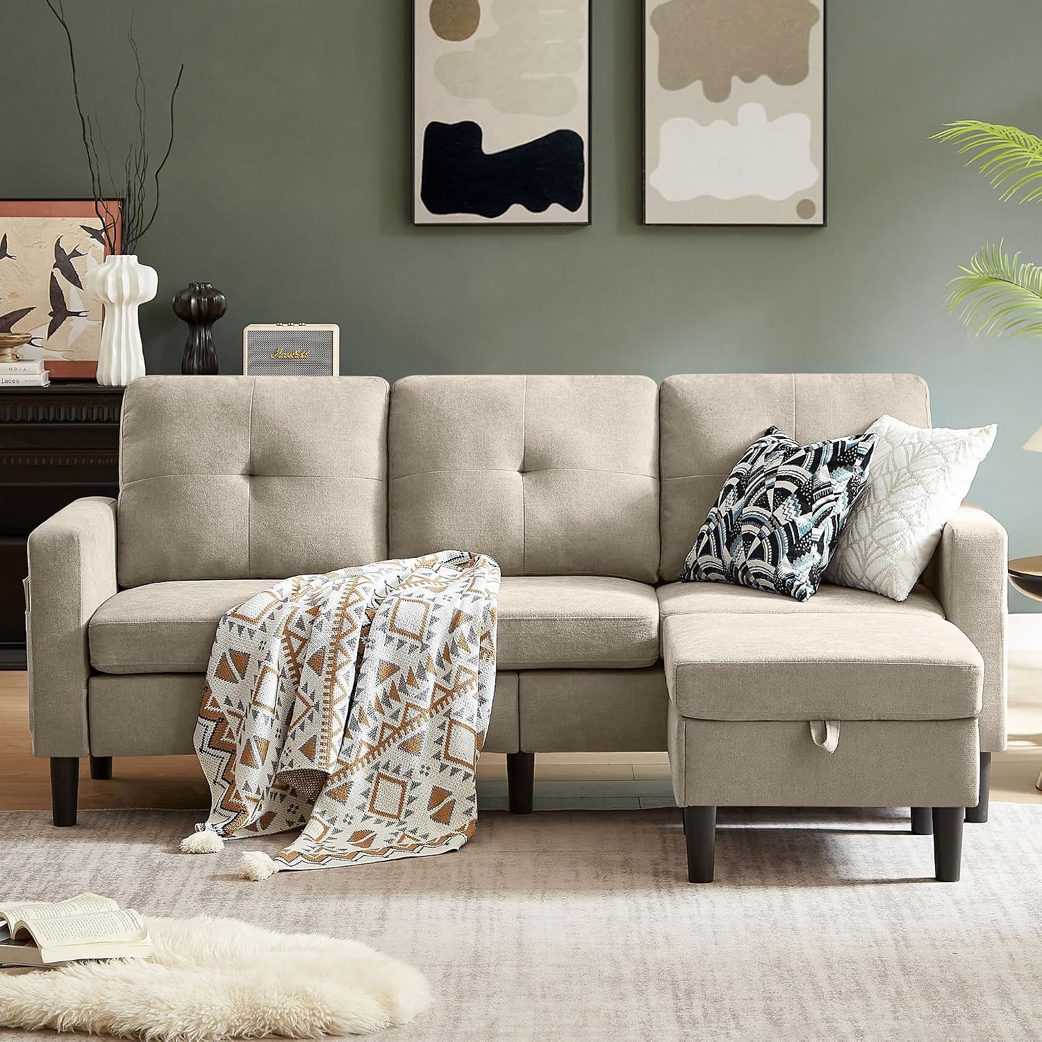 80' Convertible Sectional Sofa Couch with Movable Ottoman, 3 Seats Sectional Sofas L Shaped Couch for Small Spaces, Soft Fabric Couch for Living Room (Beige)
