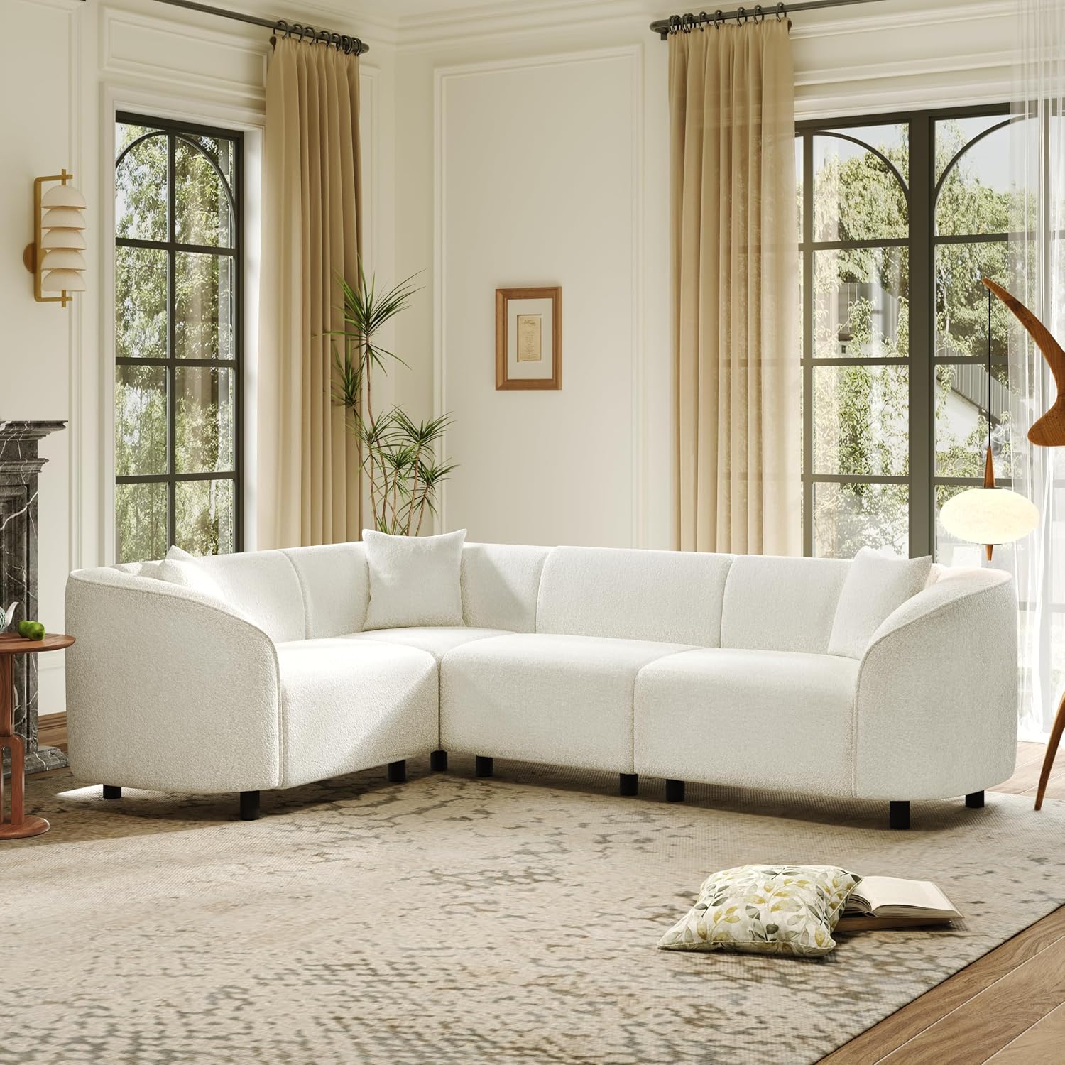 Merax 104' L-Shaped Curved Sofa, Comfy Upholstered Sectional Couch with Extra Deep Seats, Boucle Sofa for Living Room Apartment Office, Beige
