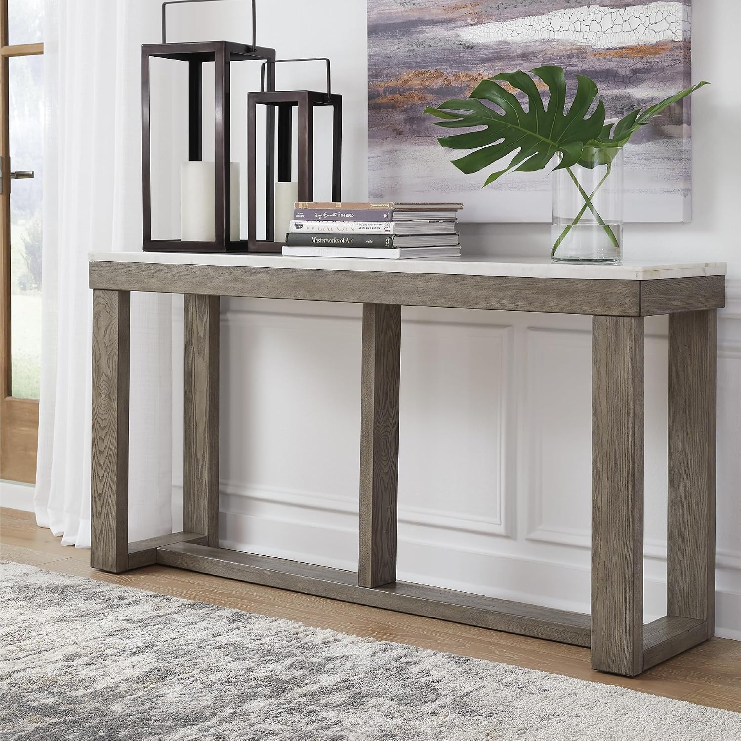 Signature Design by Ashley Loyaska Casual Sofa Table with Marble Top, Brown & White