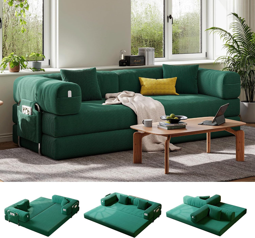 5-in-1 Folding Convertible Sofa Bed, Loveseat Sleeper with Pull-Out Bed, Floor Sofa Modular Futon Couch, 79' Oversized Corduroy Upholstered Boneless Couch for Living Room, Bedroom, Lounge, Green-A