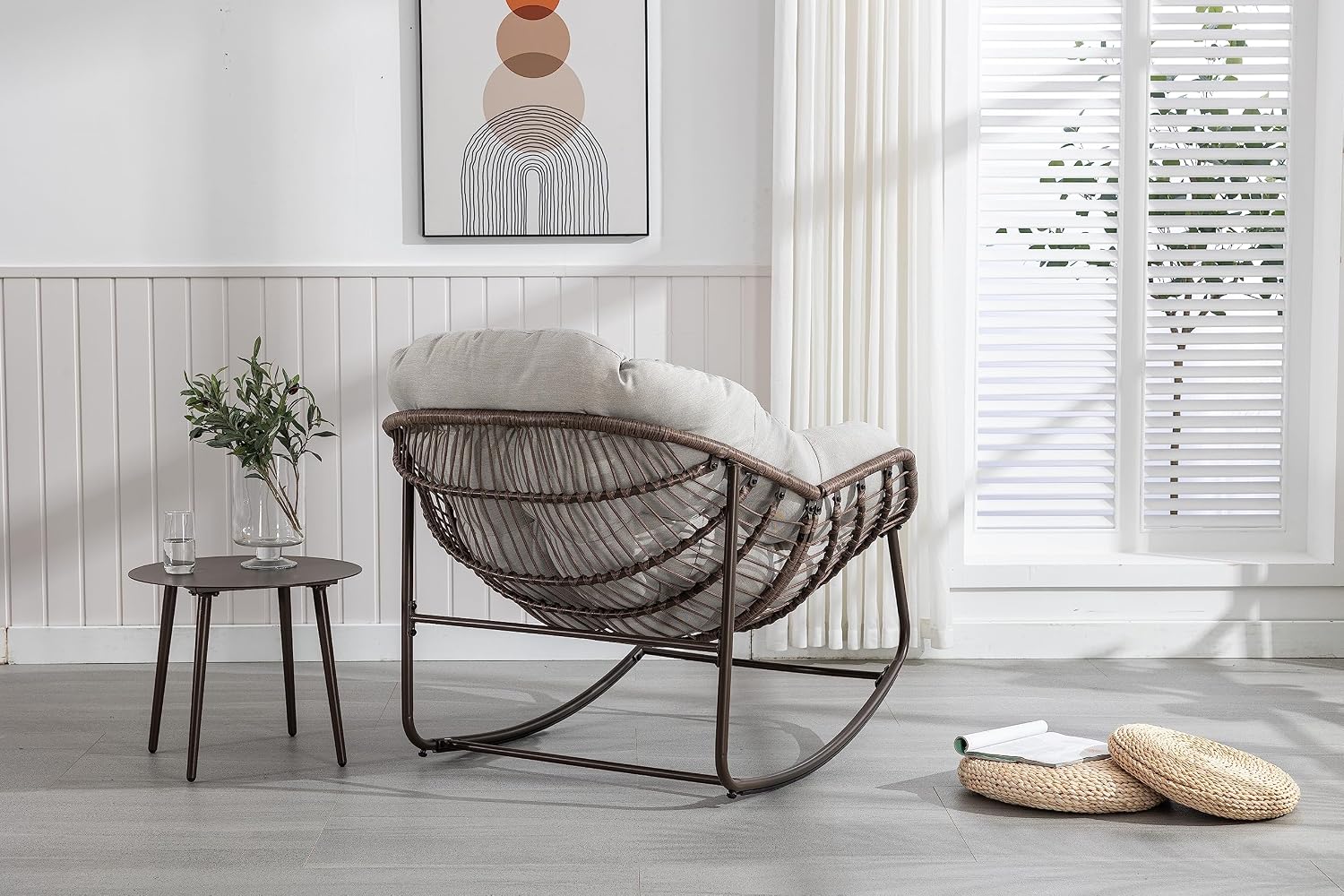 Outdoor Rattan Rocking Chair Oversized Papasan Recliner Lounger, Steel Frame & Thick Olefin Cushion, Indoor/Outdoor Use for Patio, Porch, Backyard, Garden, Balcony, Beige