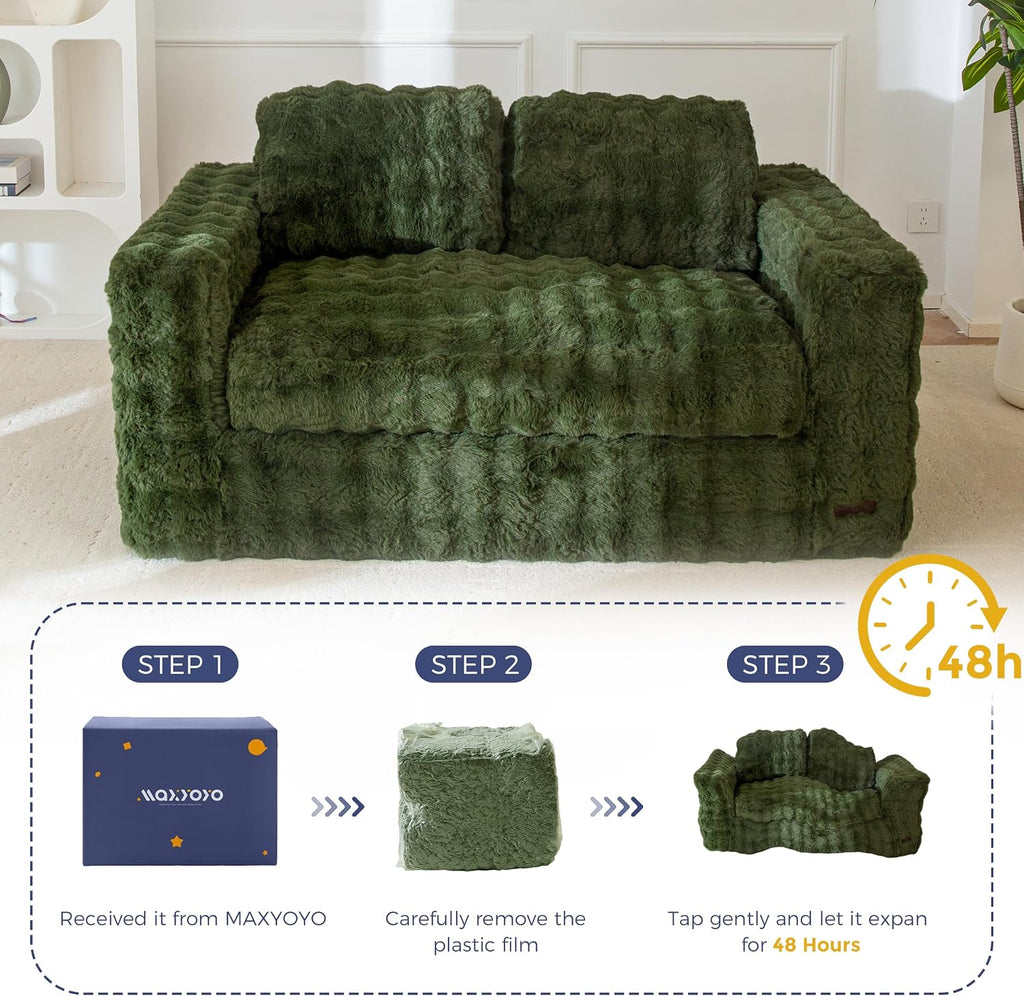 MAXYOYO Loveseat Sofa for Living Room, Small Sofa Couch Tufted Boneless Couch, Comfy Bean Bag Chair for Small Space Bedroom Apartment, No Assembly Needed, Green