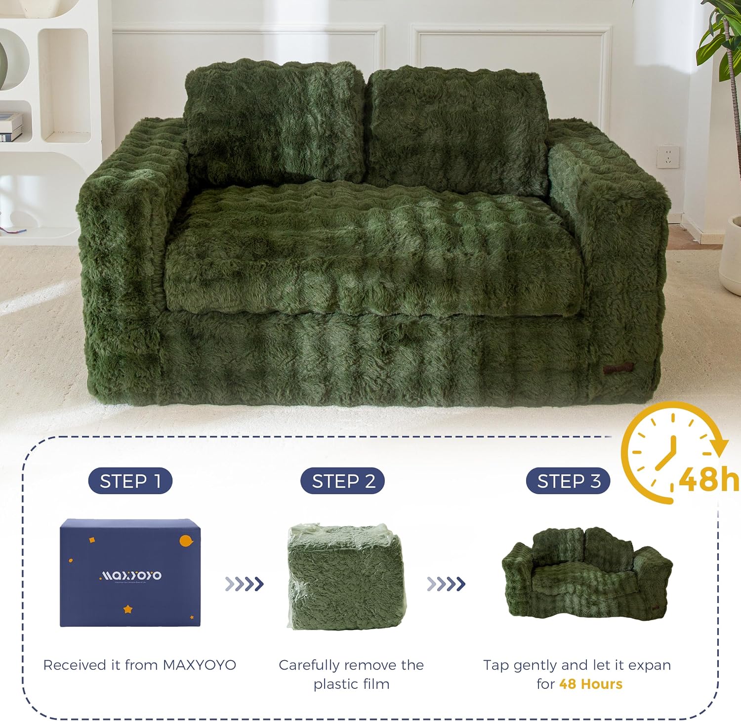 MAXYOYO Loveseat Sofa for Living Room, Small Sofa Couch Tufted Boneless Couch, Comfy Bean Bag Chair for Small Space Bedroom Apartment, No Assembly Needed, Green