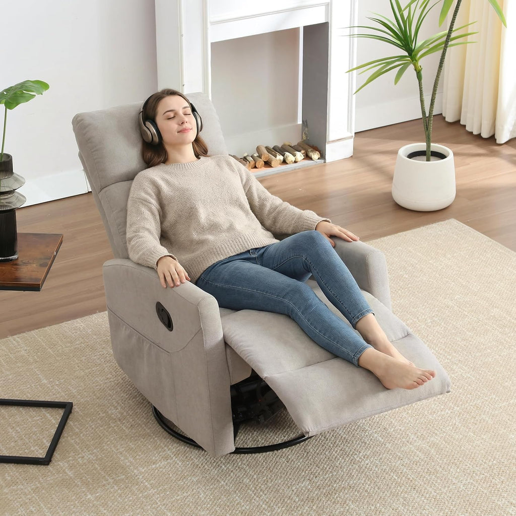 PELUMY Manual Recliner Chair, 360° Swivel Glider and Rocker Recliner with 155° Recline, Compact Fabric Recliner for Small Space, Nursery, Living Room, Bedroom, No Tools Assembly (Light Grey)