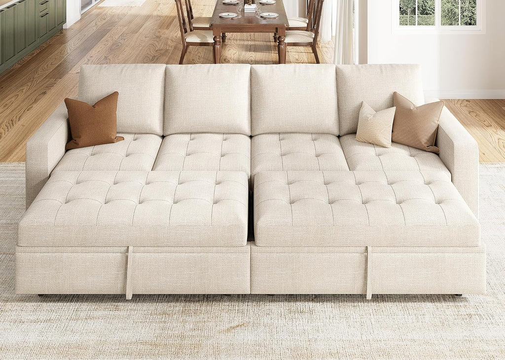 HONBAY Modular Sectional Sleeper Sofa with Pull Out Bed, Linen Convertible Sectional Couches for Living Room,Beige