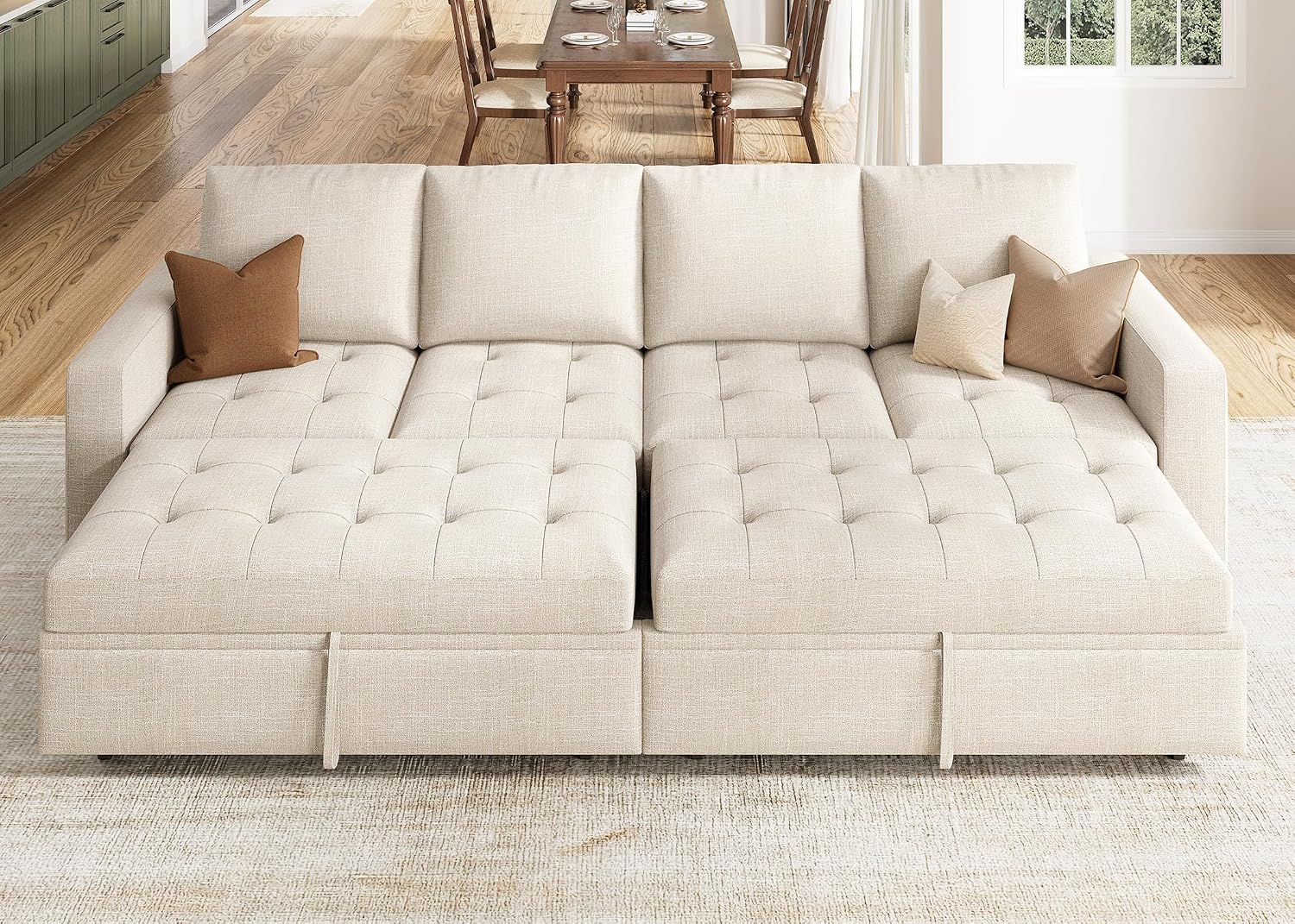 HONBAY Modular Sectional Sleeper Sofa with Pull Out Bed, Linen Convertible Sectional Couches for Living Room,Beige