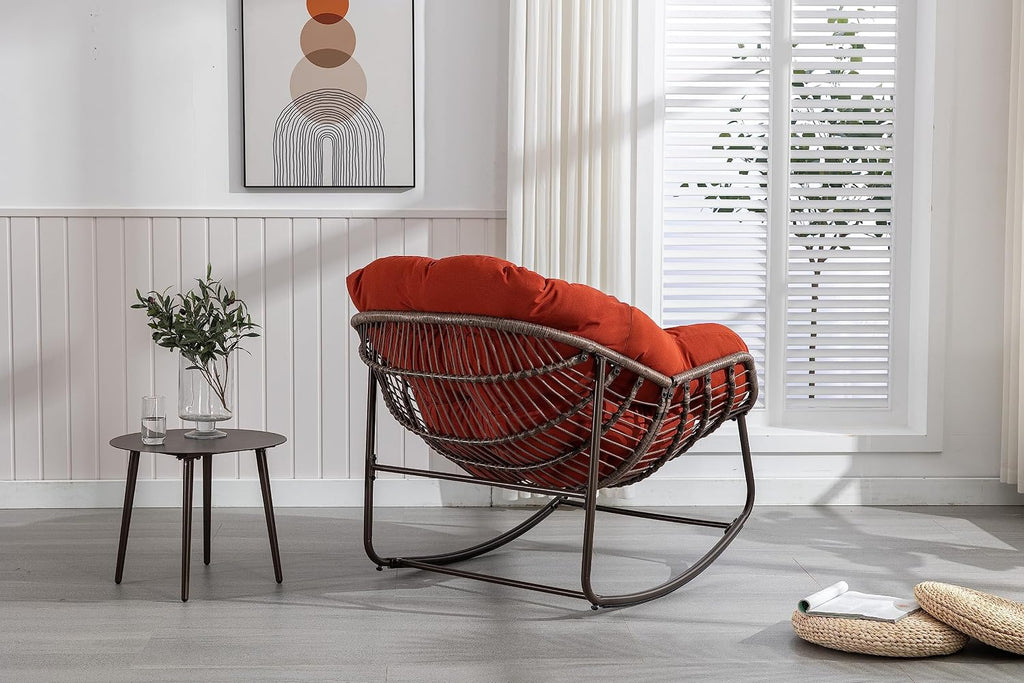 Outdoor Rattan Rocking Chair Oversized Papasan Recliner Lounger, Steel Frame & Thick Olefin Cushion, Indoor/Outdoor Use for Patio, Porch, Backyard, Garden, Balcony, Orange