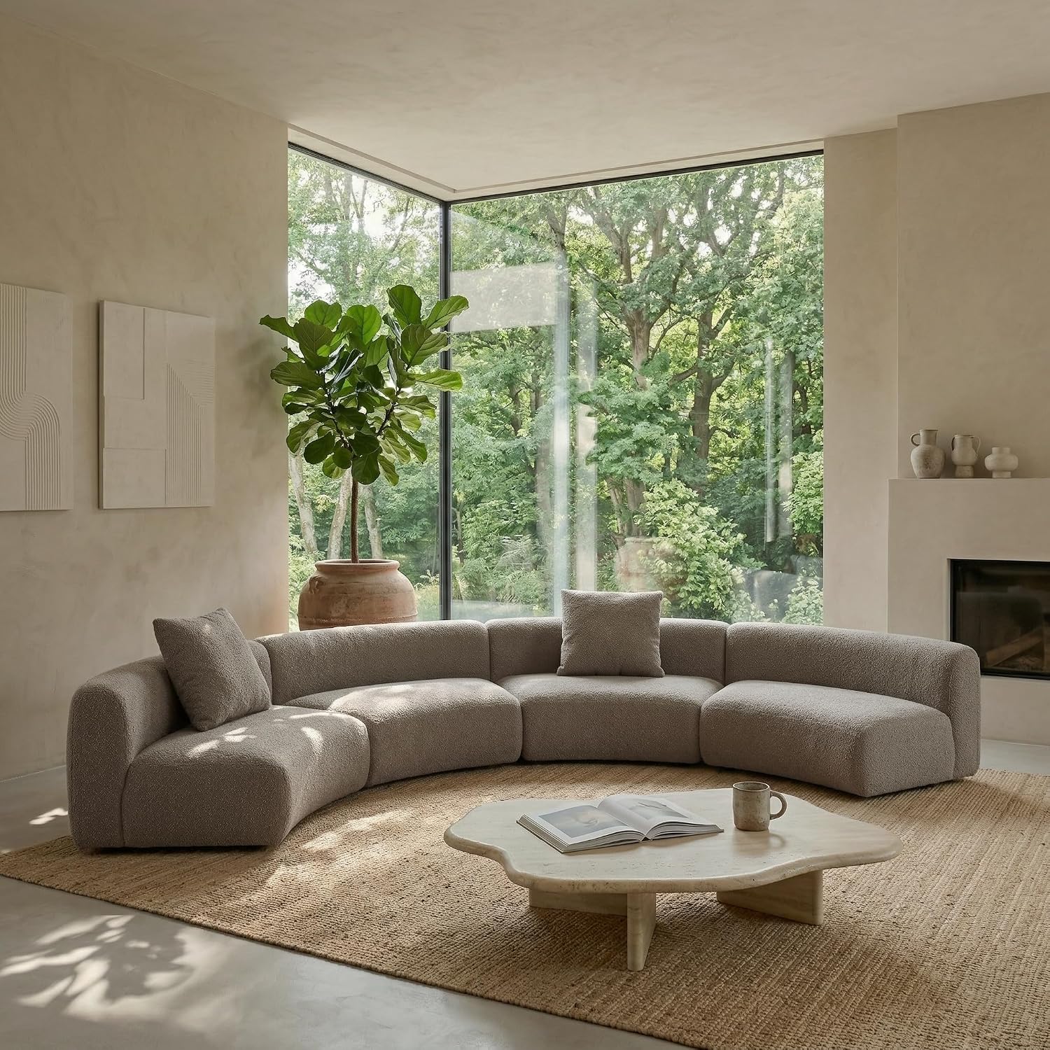 Acanva Modern Curved Sectional Living Room Couch, Minimalist Comfy Boucle Fabric Modular Sofa for Apartment, Home Office, 3-Piece Set (3 x Armless Chair), Light Coffee | Boucle Fabric, Modular, Minimalist, Comfy