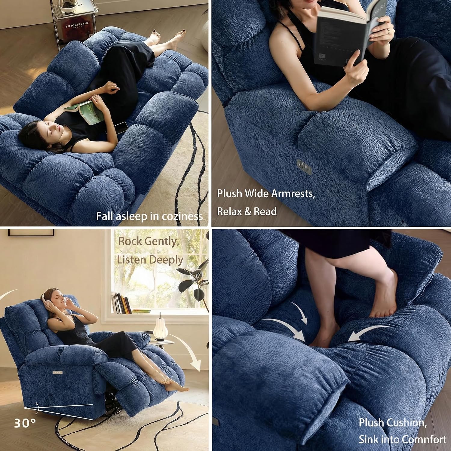 Oversized Recliner Chair, Overstuffed Swivel Rocker with Extra Wide Seat & Breathable Fabric for Living Room (Power, Blue)