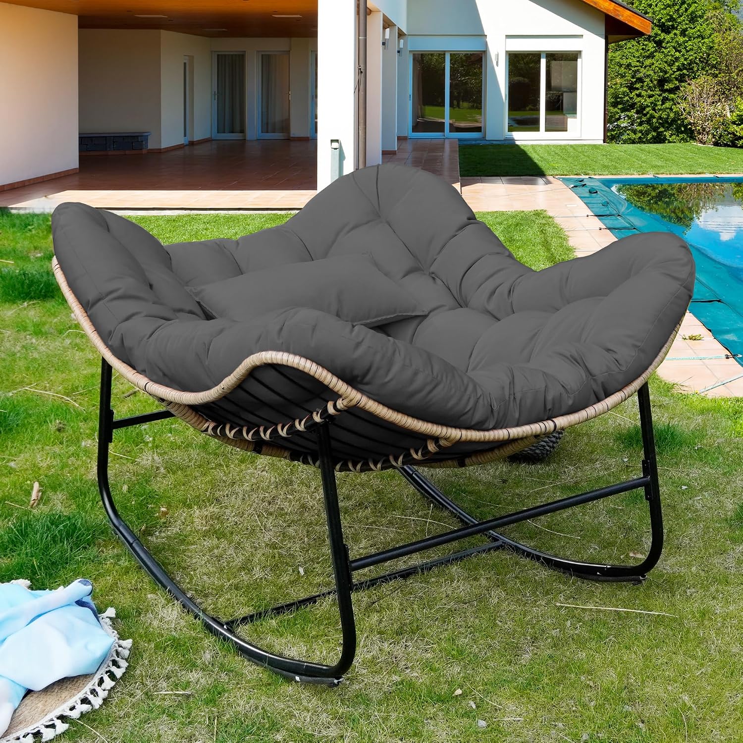 Outdoor Papasan Rocking Chair,Papasan Chairs with Cushion and Frame,Oversized Papasan Rocking Egg Chairs,Rattan Rocking Papasan Chair for Living Room,Outdoor.Gray