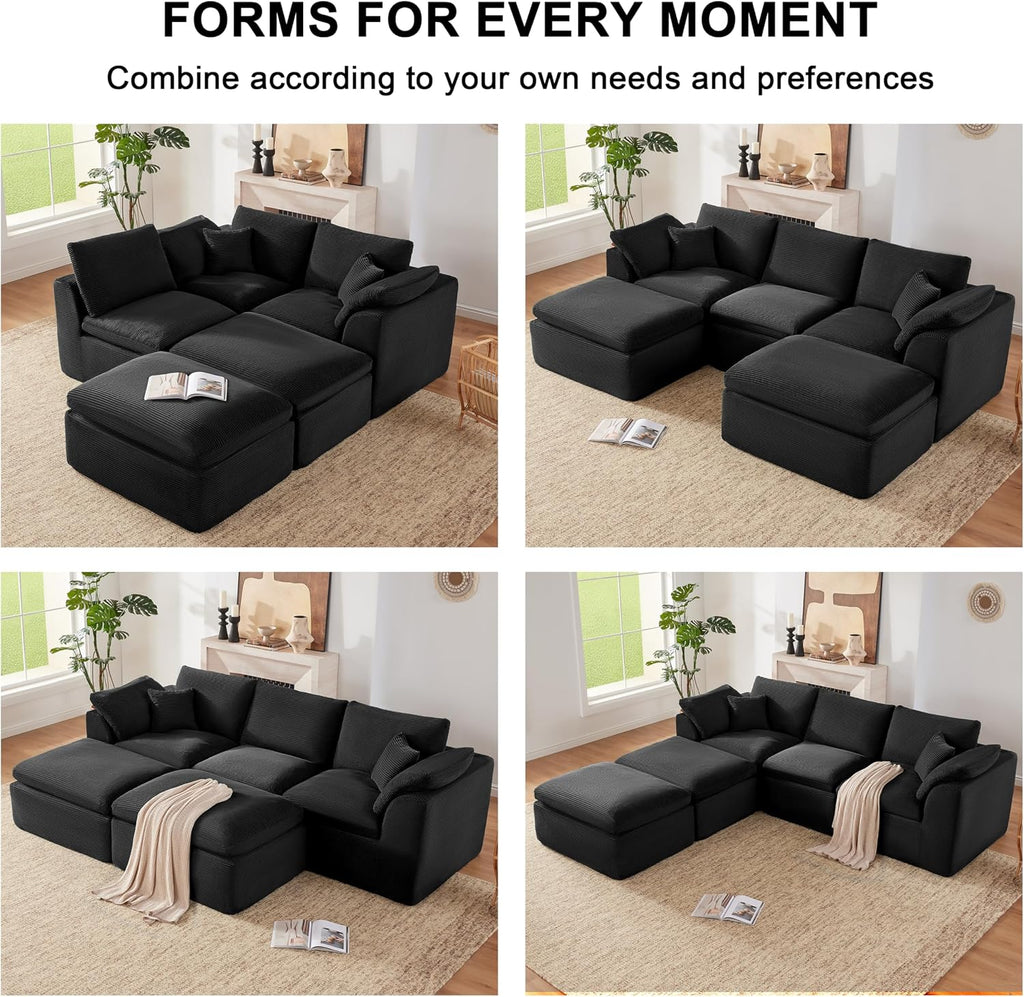112' Cloud Sectional Couch, Boneless Couches for Living Room, U Shaped Couch with Convertible Ottoman, Modular Sectional Sofa with Deep Seat, Comfy Soft Cushions, No Assembly, Black