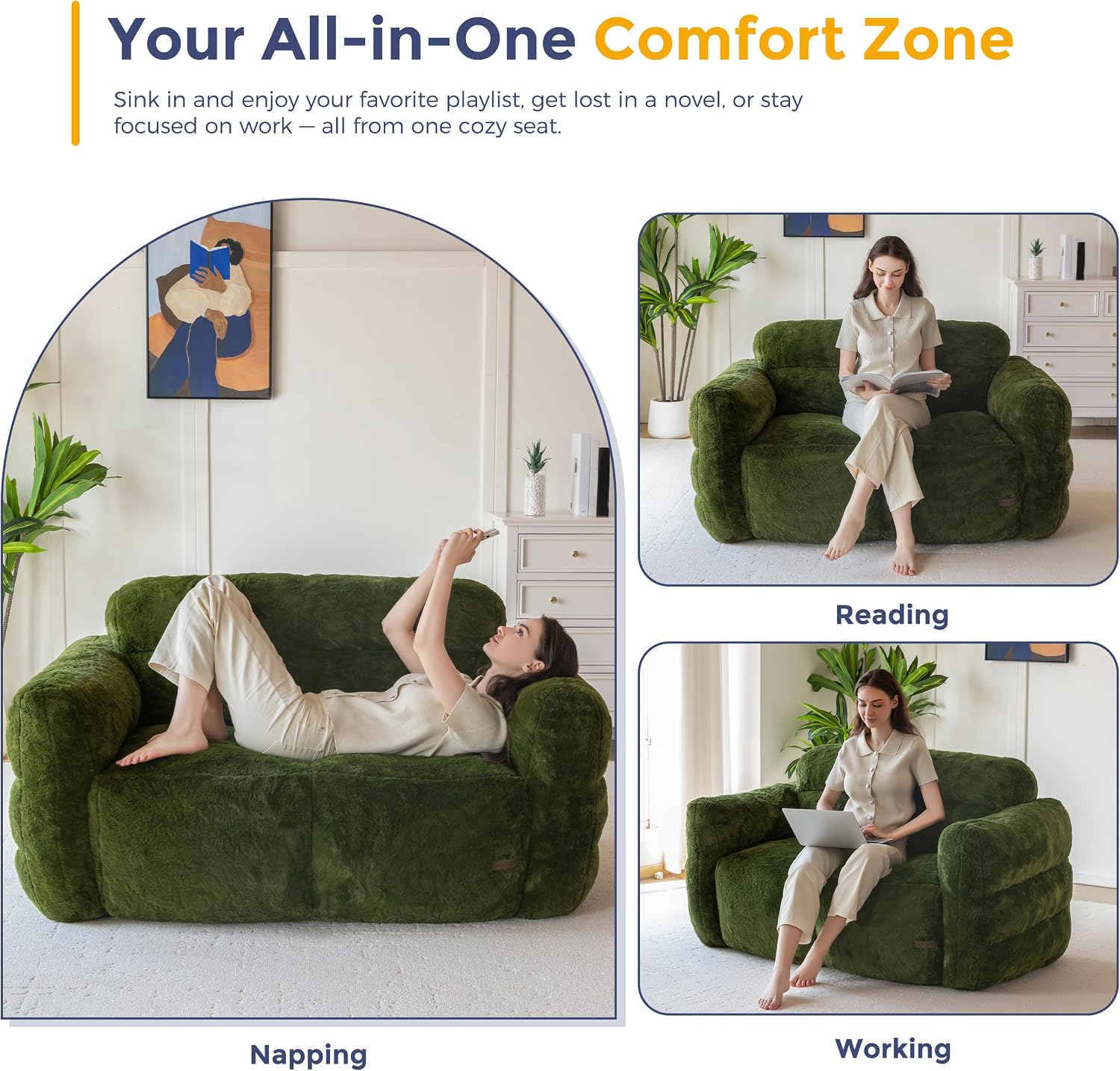 MAXYOYO Giant Bean Bag Chair for Adults, Loveseat Floor Sofa for Living Room, Ultra Soft Sofa Fluffy Reading Chair for Living Room, Green