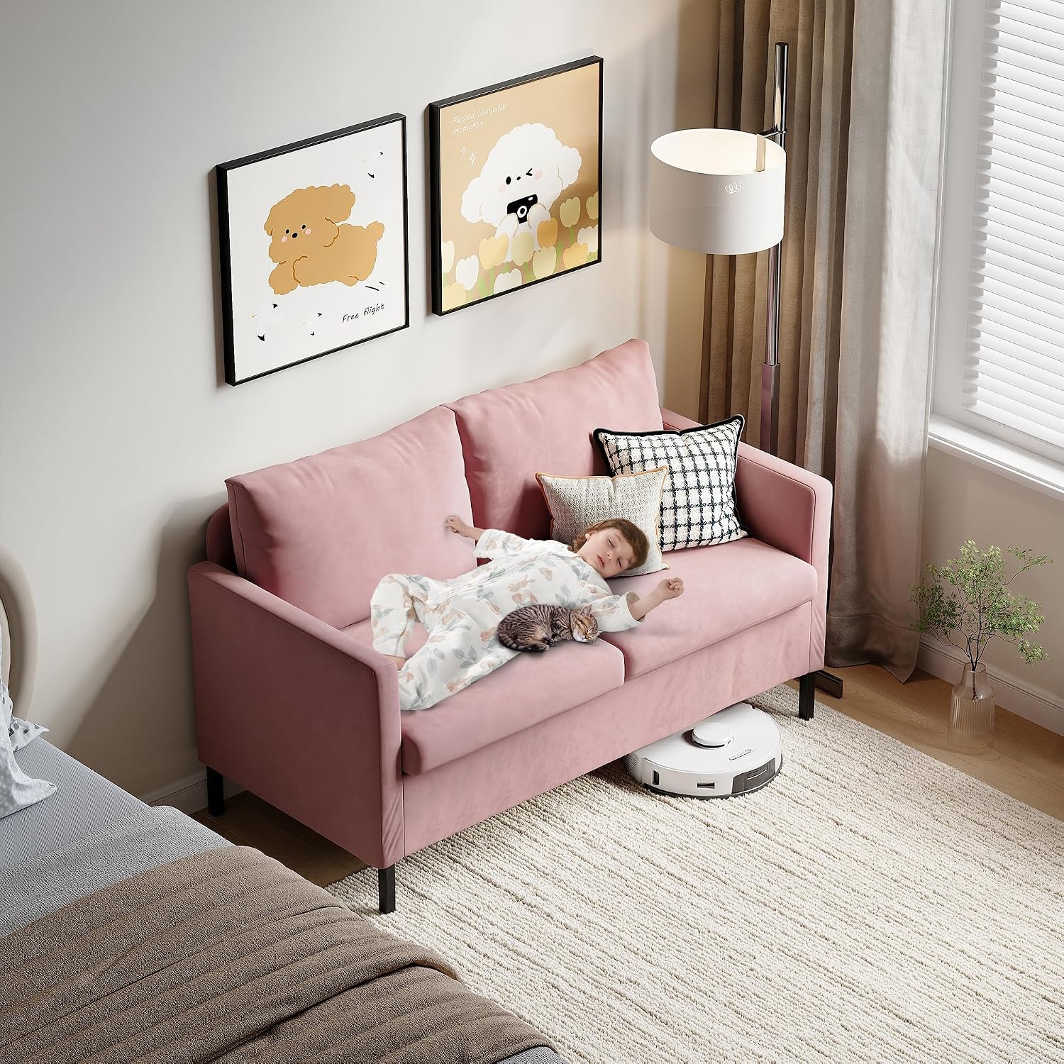 TYBOATLE Love Seat Mid Century Modern Small Loveseat for Living Room, 51' W Mini Little Upholstered 2-Seater Love Seats w/Iron Legs for Compact Small Space, Apartment, Bedroom, Dorm, Office (Pink)