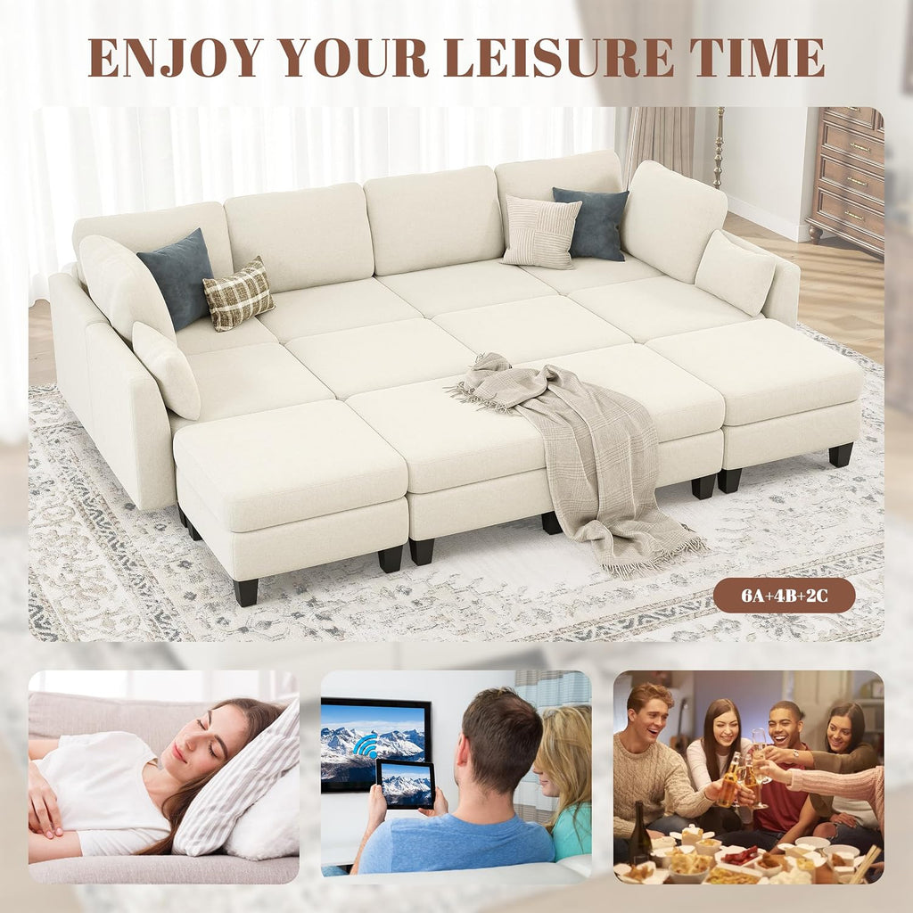 Sectional Sleeper Sofa, 6 Seaters Modular Sleeper Sofa Couch, Comfy Sectionals Couches Bed, Convertible Sofas with Ottomans, Modular Sectional Couches for Living Room, Beige