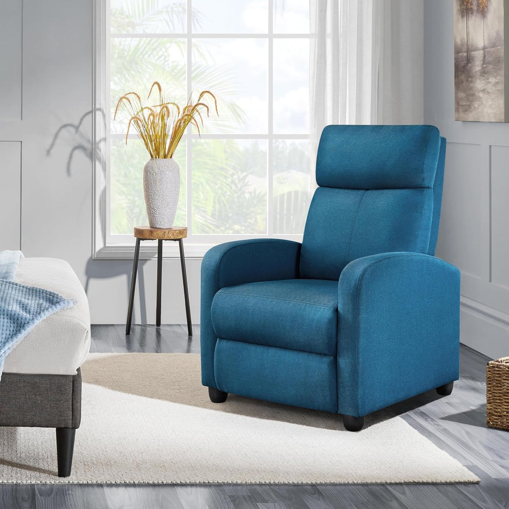 Yaheetech Recliner Chair Fabric Recliner Sofa with Lumbar Support High-Density Foam & Pocket Springs, Home Theater Seating Push Back Armchair for Living Room Blue