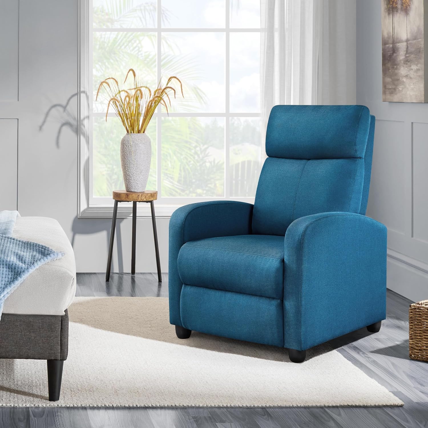 Yaheetech Recliner Chair Fabric Recliner Sofa with Lumbar Support High-Density Foam & Pocket Springs, Home Theater Seating Push Back Armchair for Living Room Blue