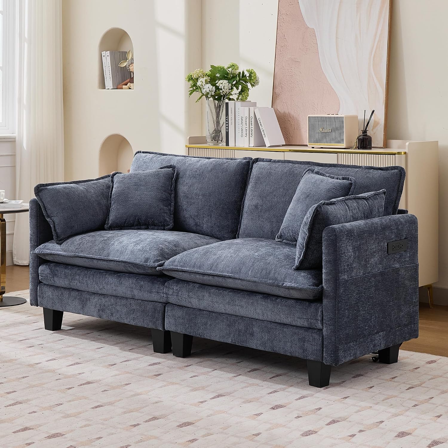Modular Sectional Sofa, 75' Loveseat Modern Couches for Living Room, Comfy Cloud Couch with Deep Seat for Office and Apartment, with Charger, USB & Type-c Port, Blue Chenille Fabric