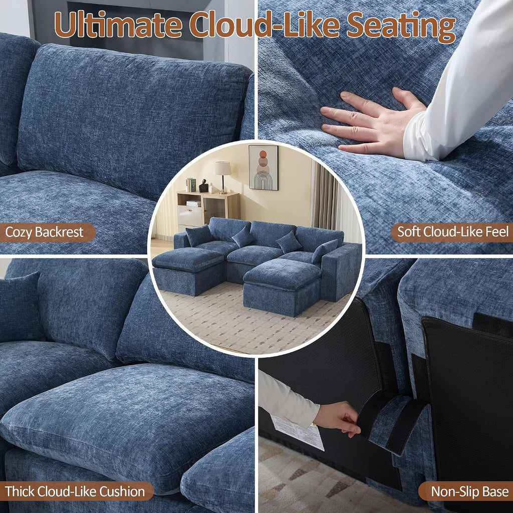 115'' Cloud Boneless Sectional Couch, Modular Sectional Sofa Deep Seat with 2 Ottomans, Oversized Upholstered Convertible Comfy 5 Seater Chenille Sofa U Shape Couches for Living Room, Blue