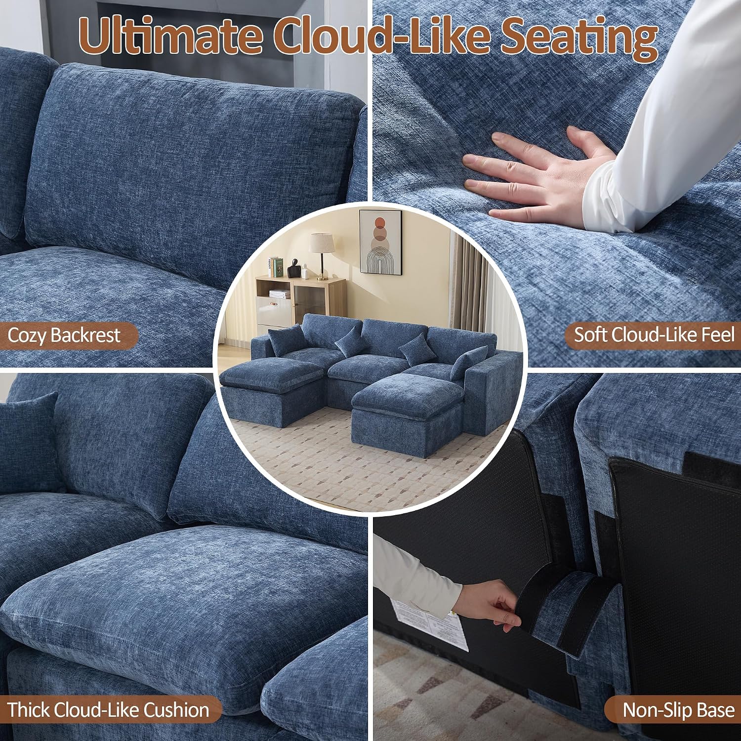 115'' Cloud Boneless Sectional Couch, Modular Sectional Sofa Deep Seat with 2 Ottomans, Oversized Upholstered Convertible Comfy 5 Seater Chenille Sofa U Shape Couches for Living Room, Blue