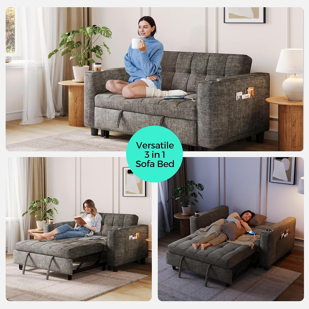 LINSY 54' Pull Out Couch with Charging Station, Small Sleeper Sofa Bed with Cup Holder, 3 in 1 Convertible Loveseat Sleeper Couch for Apartment, Dorm Room, Bedroom and Small Space, Gray