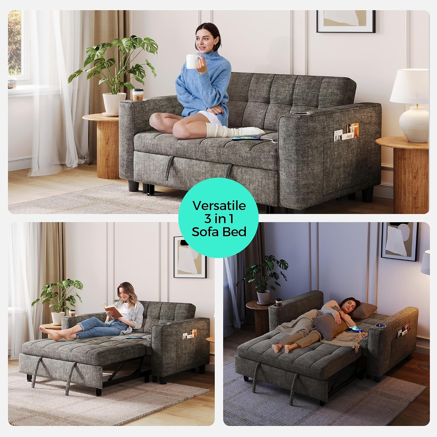 LINSY 54' Pull Out Couch with Charging Station, Small Sleeper Sofa Bed with Cup Holder, 3 in 1 Convertible Loveseat Sleeper Couch for Apartment, Dorm Room, Bedroom and Small Space, Gray