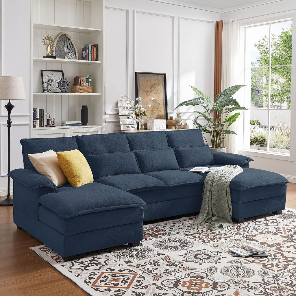 110' Comfy Cloud Couch Sectional Sofa with Lumbar Pillows, Modern U-Shaped Cloud Sofa with Double Chaise & Deep Seat for Living Room, or Office, Easy Assembly, Dark Blue