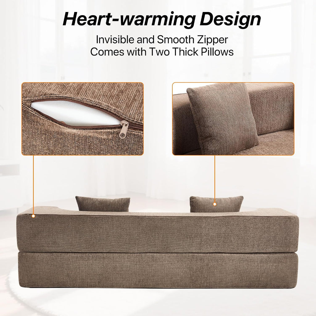HENGJIANYI Folding Sofa Bed, Convertible Futon Sleeper Bed, 2-in-1 Foldable Floor Mattress with 2 Pillows, Breathable High-Density Foam Lazy Couch, Twin Size Comfy Lounge Chair, Brown