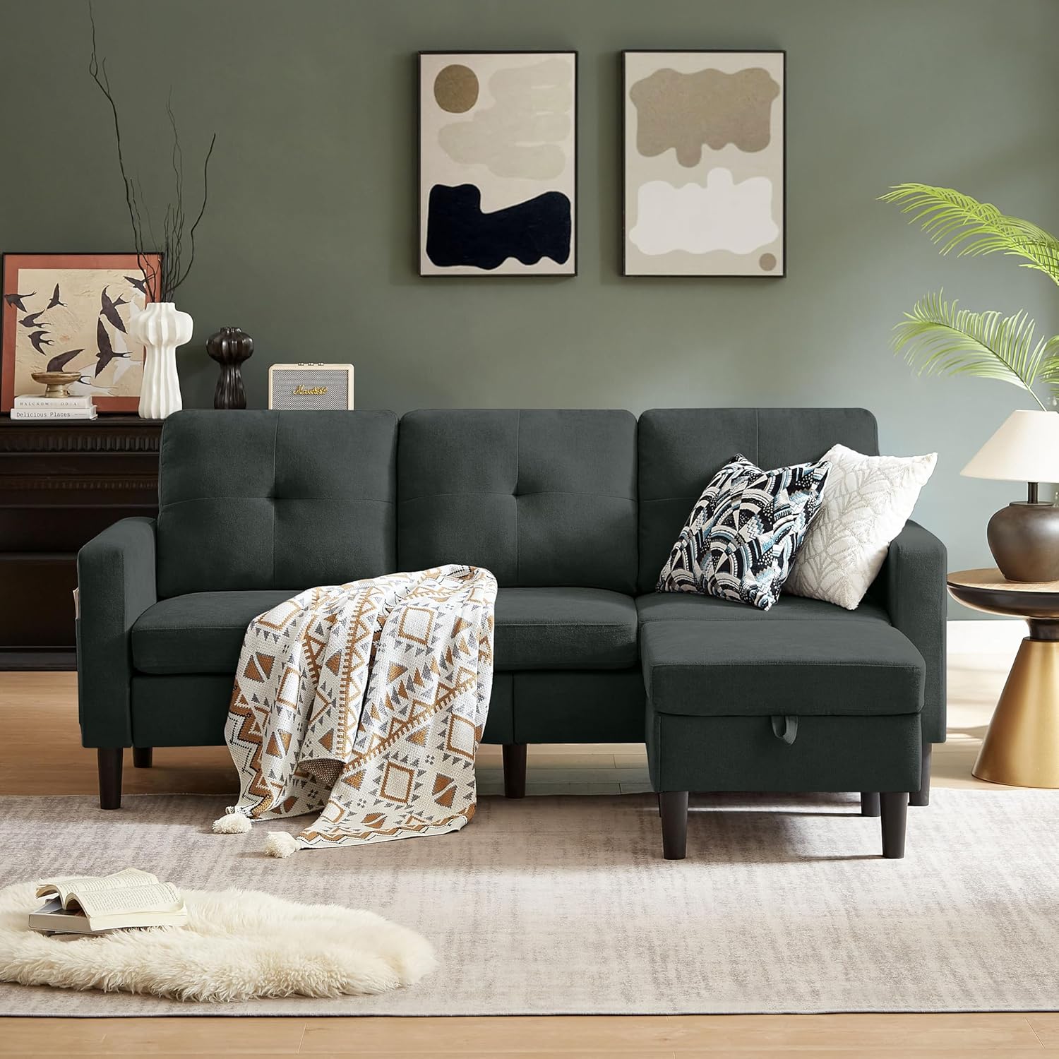 80' Convertible Sectional Sofa Couch with Movable Ottoman, 3 Seats Sectional Sofas L Shaped Couch for Small Spaces, Soft Fabric Couch for Living Room (Black)