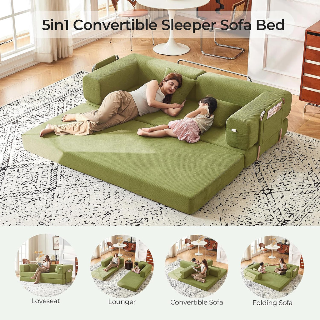 79' Convertible Sofa Bed with Pillows, Corduroy Folding Sleeper Sofa with Fixed-Shape Frame, Boneless Couch for Living Room Bedroom, Floor Sofa Lounge No Assembly Required (A - Style - Olive Green)