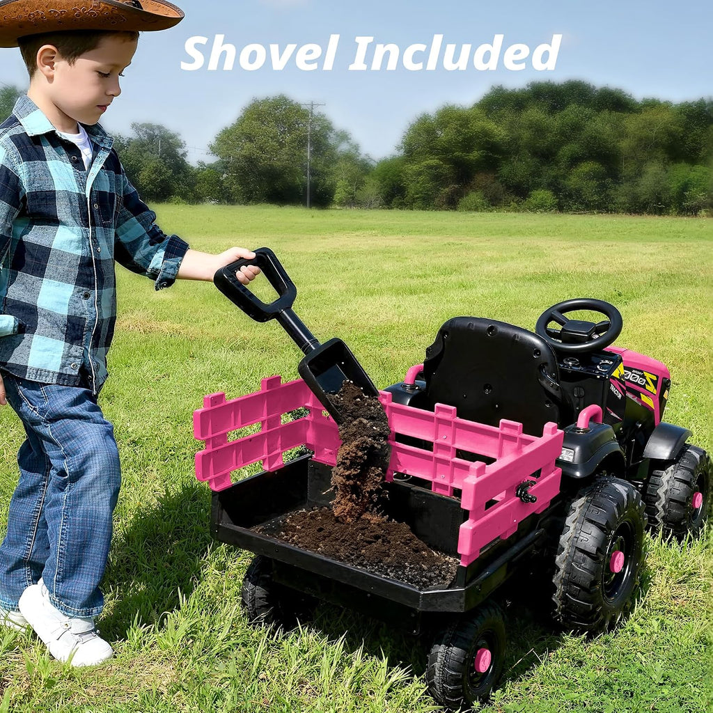 Hikiddo 24V Kids Ride on Tractor Toy, Electric Tractor for Kids 3-8 with Trailer, 2x200W Motors - Hot Pink