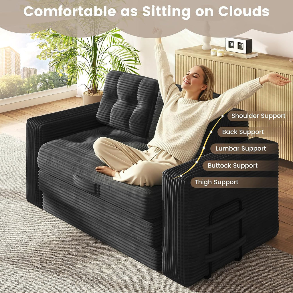 Convertible Sofa Bed, 2 in 1 Boneless Couch Bed with 2 Pillows, Corduroy Pull out Couch Folding Sofa Bed with Deep Seat, Small Loveseat Sleeper Sofa Bed in a Box for Small Spaces, No Assembly Required