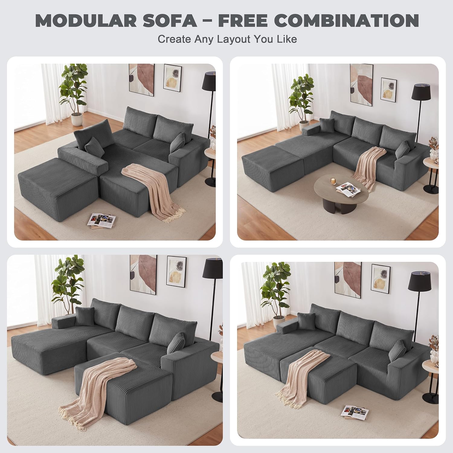 Weture 108' Modular Sectional Sofa, Cloud Sectional Couch with Deep Seat, Upholstered Boneless Couches for Living Room Bedroom, Modern Modular U-Shape Sofa Couch with Chaise, 5Seat, Gray