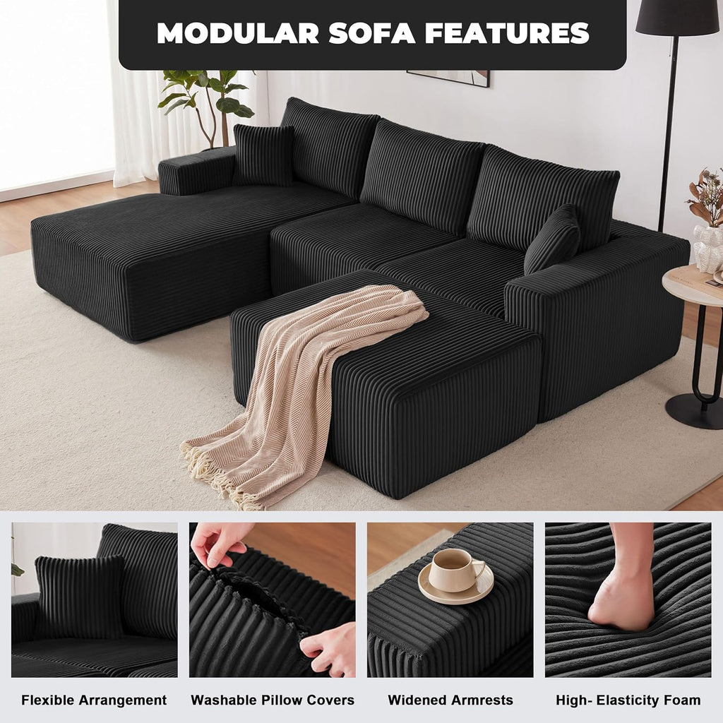 Weture 108' Modular Sectional Sofa, Cloud Sectional Couch with Deep Seat, Upholstered Boneless Couches for Living Room Bedroom, Modern Modular U-Shape Sofa Couch with Chaise, 5Seat, Black