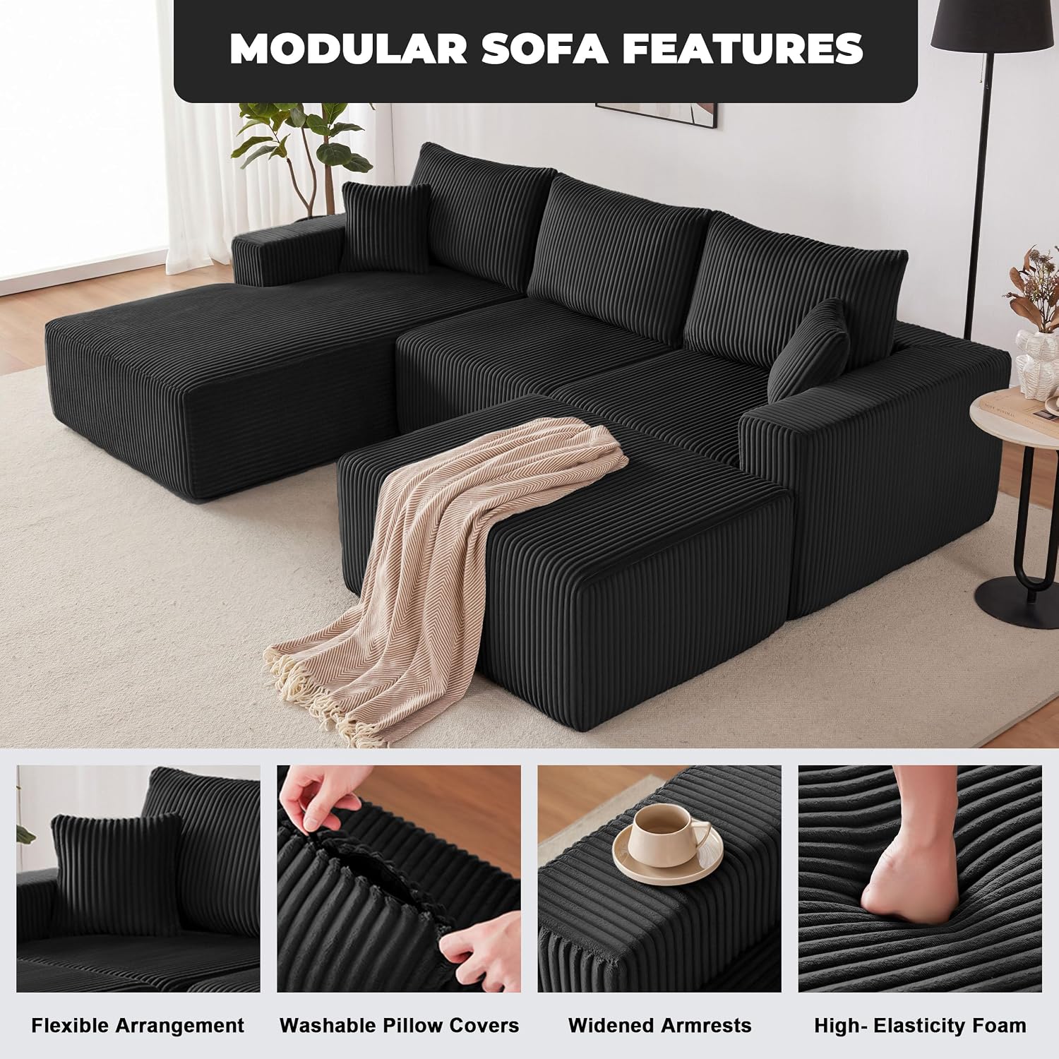 Weture 108' Modular Sectional Sofa, Cloud Sectional Couch with Deep Seat, Upholstered Boneless Couches for Living Room Bedroom, Modern Modular U-Shape Sofa Couch with Chaise, 5Seat, Black