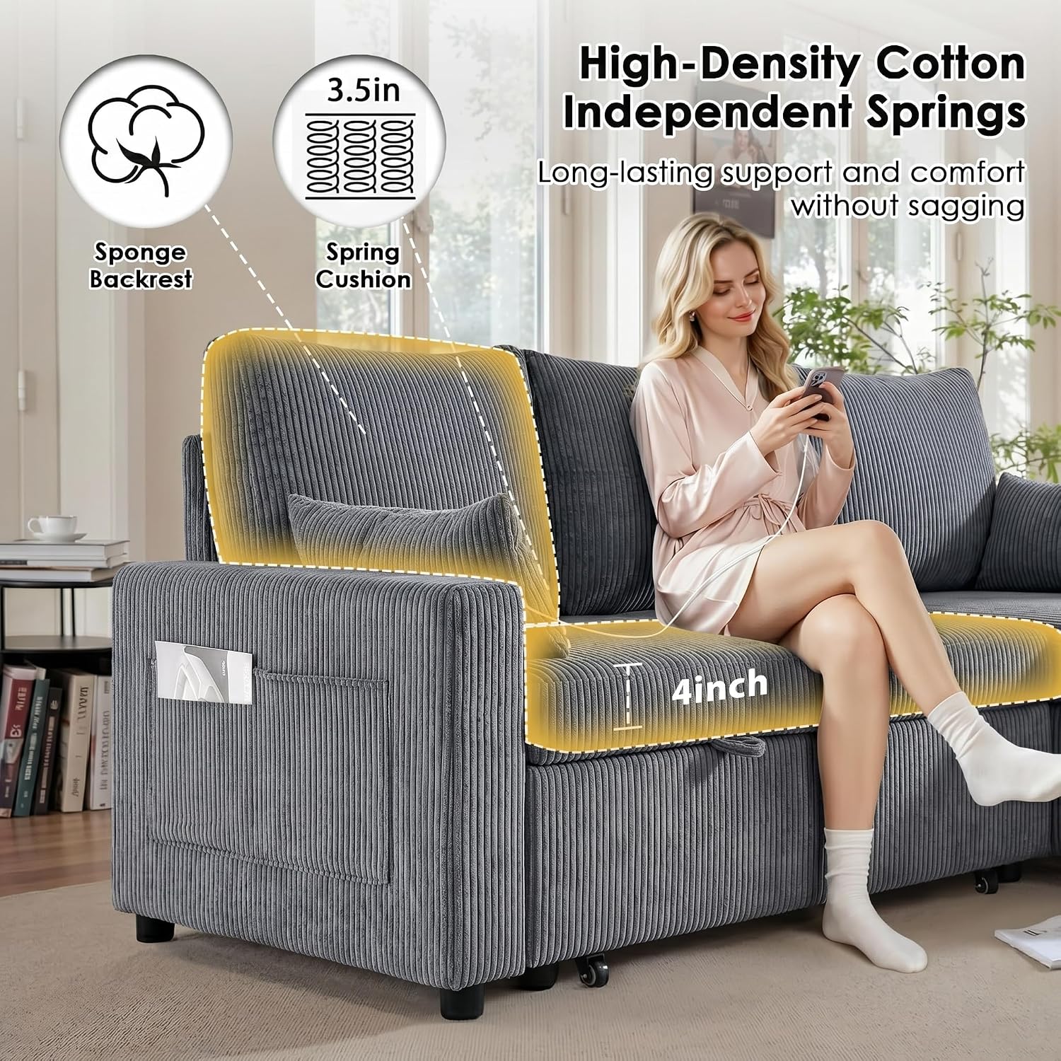 86in Reversible Sectional Sofa Couch, Sleeper Sofa Bed with Storage Chaise Pull Out Couch for Living Room (Ashgrey)