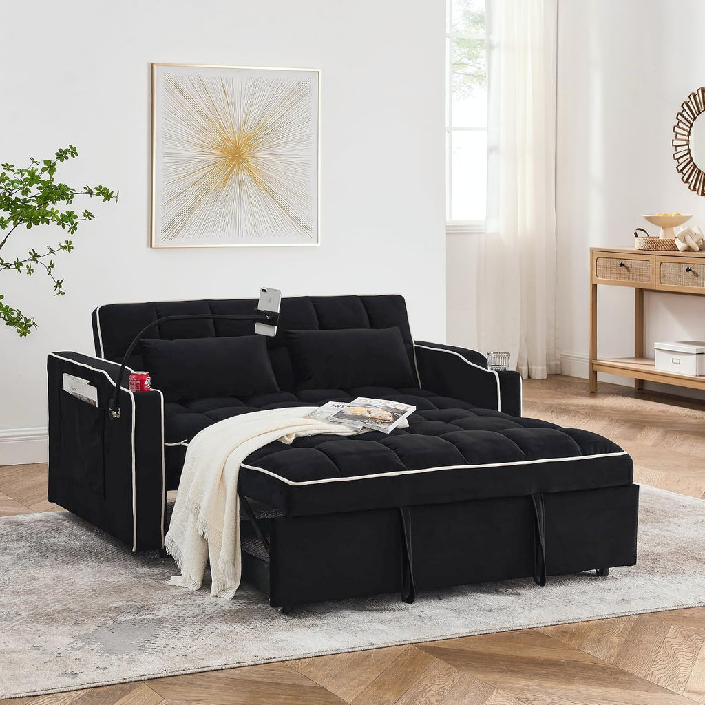 LUMISOL 55.5' Convertible Sleeper Sofa with Pull Out Bed, 3-in-1 Loveseat Sofa with USB Ports, 2 Cup Holders & Storage Pockets, Velvet Sleeper Sofa Bed with Adjustable Backrest, Black