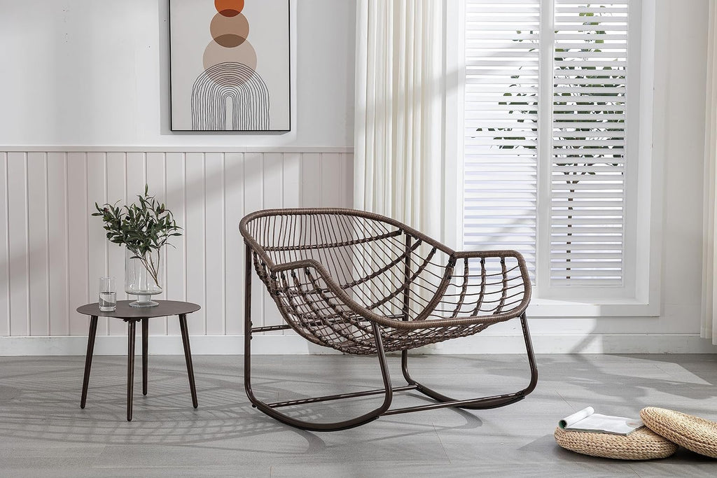 Oversized Indoor Outdoor Rocking Papasan Chair, Rattan Wicker Egg Rocking Chair with Steel Frame & Thick Olefin Cushion, Comfy Recliner Lounger for Patio, Backyard, Balcony, Garden,Beige