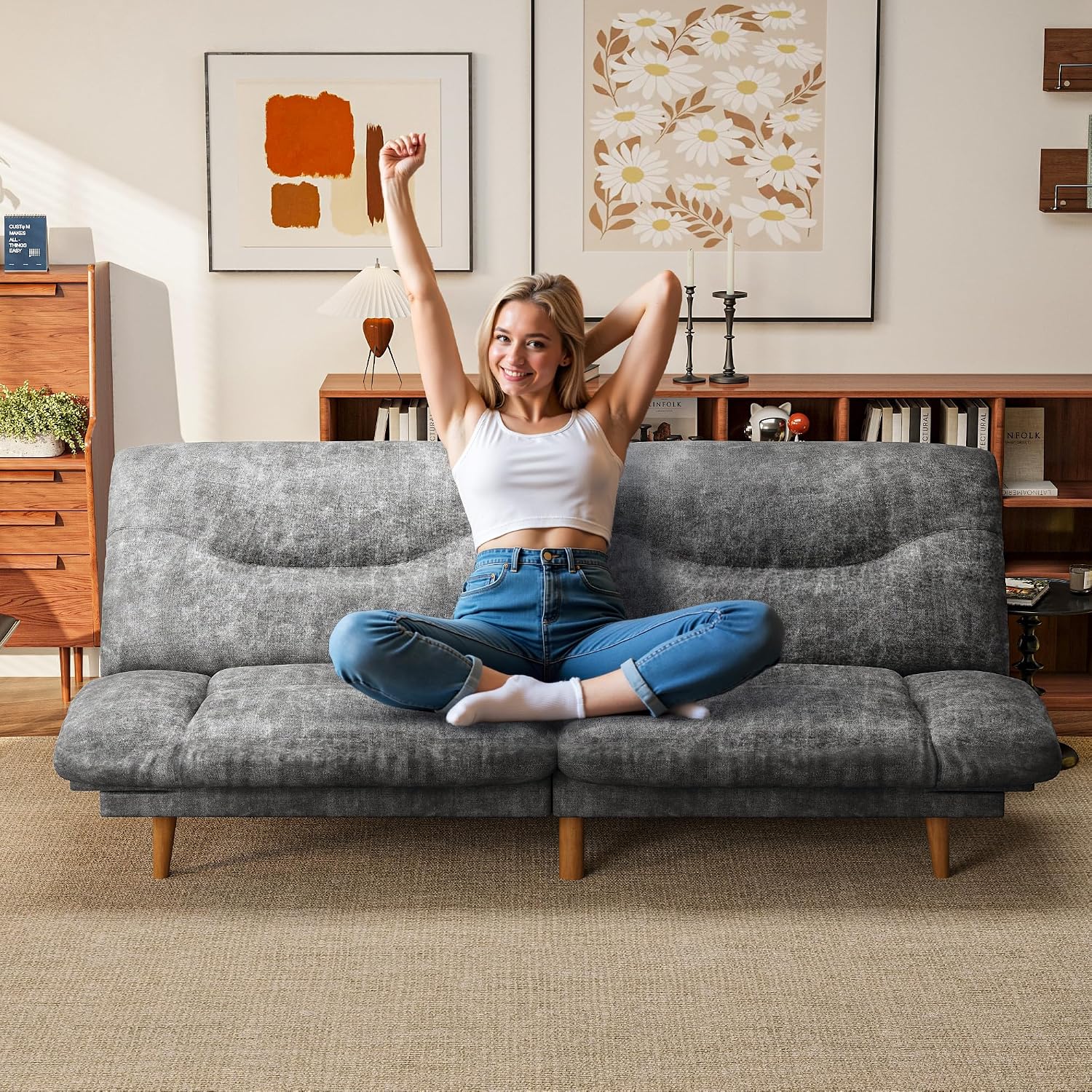 Homall Futon Sofa Bed, Modern Loveseat Futon Couch with Adjustable Backrest and Armrests, Sleeper Sofa Bed with Wood Frame for Living Room, Office, Apartment (Leathaire, Heather Gray)