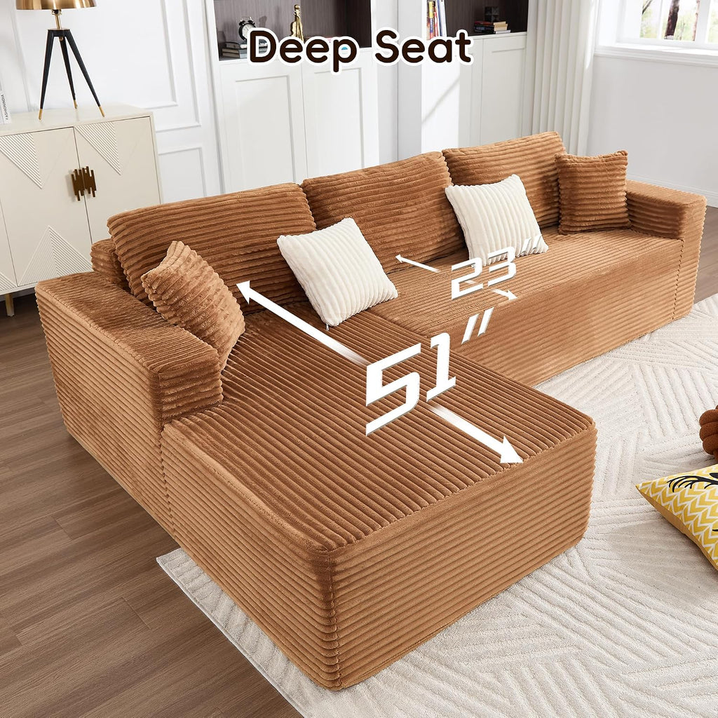 Opiesit 108' Boneless Couches for Living Room, Modular Sectional Sofa with Oversized Chaise, L-Shape Cloud Couch with Deep Seat, High-Density Memory Foam, No Assembly Required, Plush Corduroy Brown