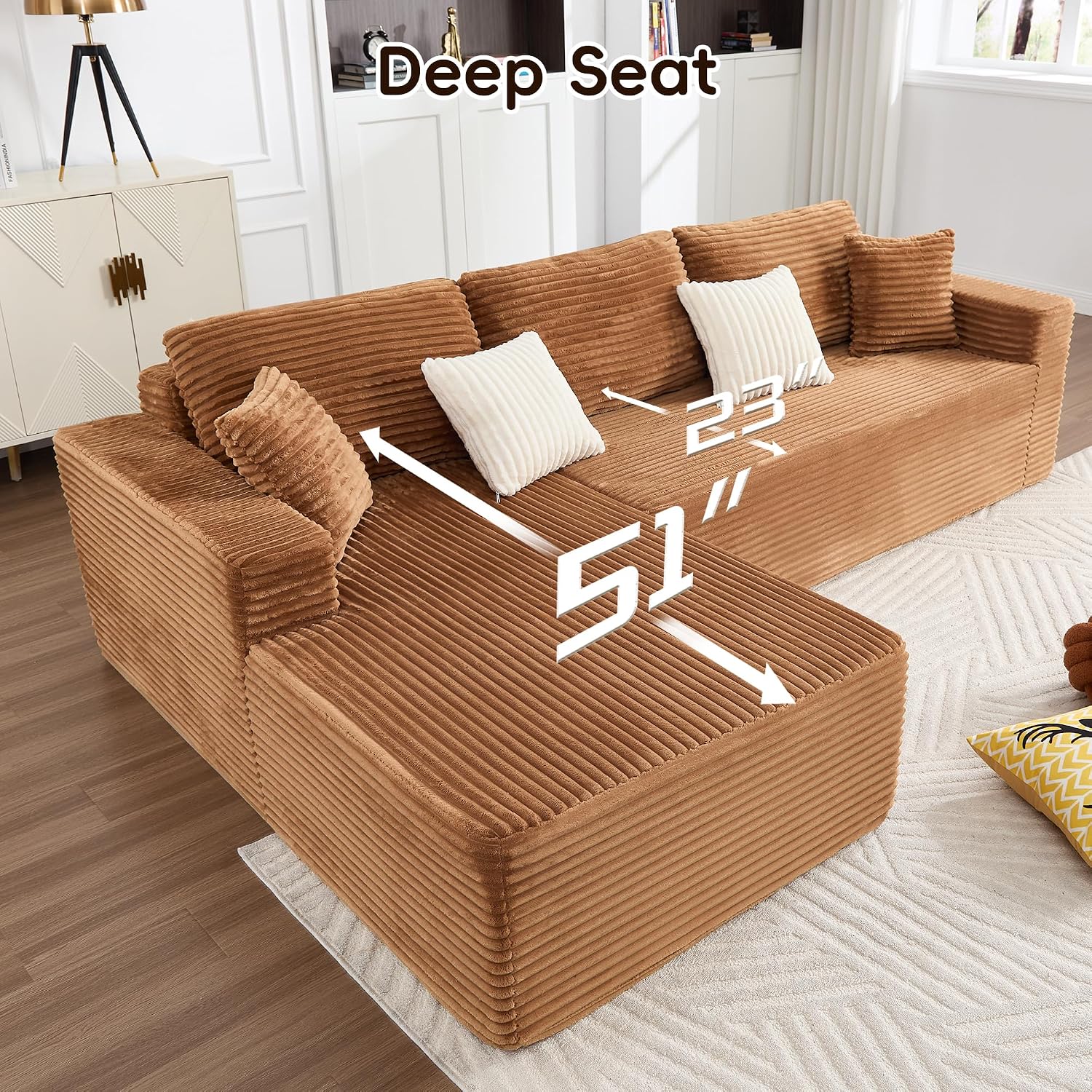 Opiesit 108' Boneless Couches for Living Room, Modular Sectional Sofa with Oversized Chaise, L-Shape Cloud Couch with Deep Seat, High-Density Memory Foam, No Assembly Required, Plush Corduroy Brown