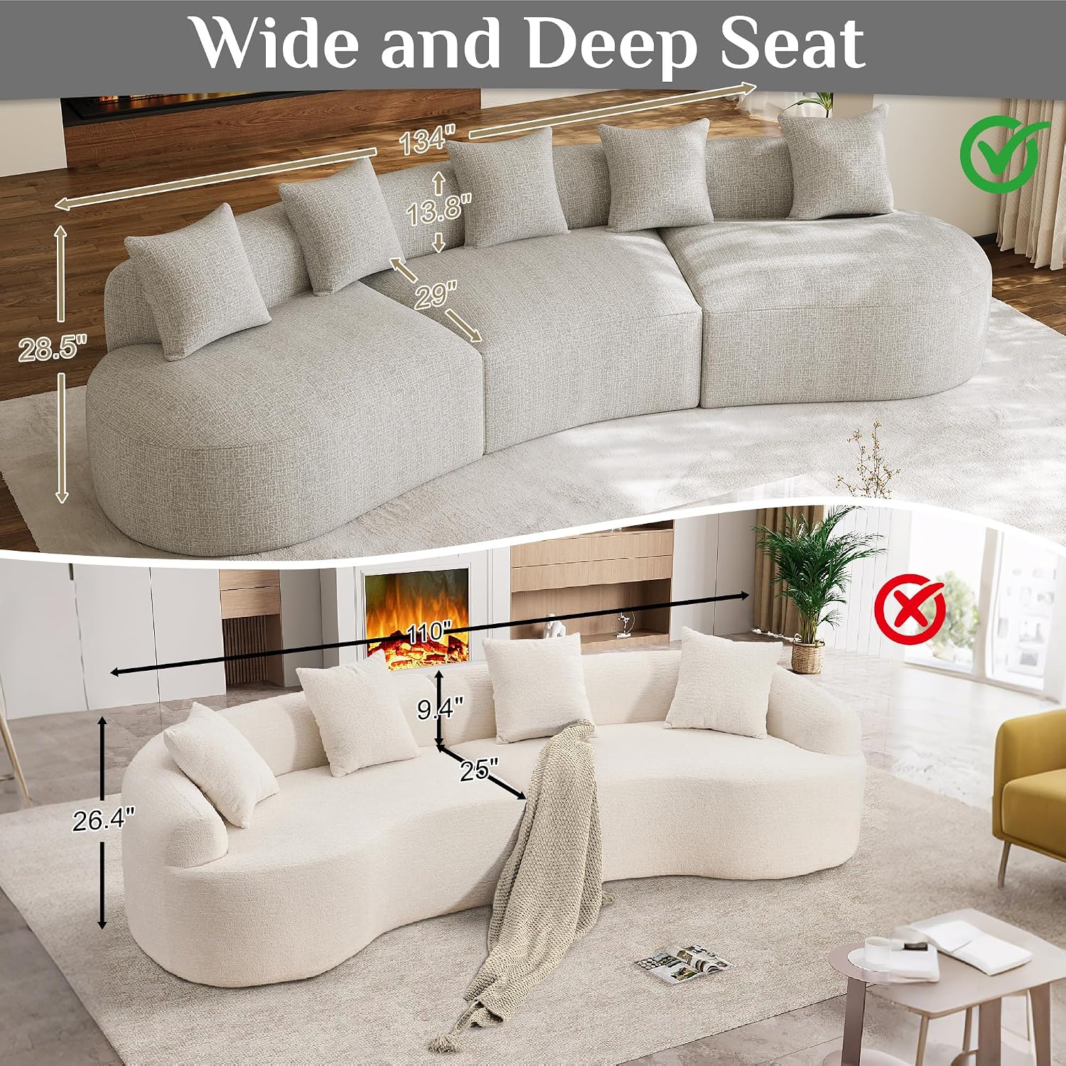134' Oversized Sectional Sofa for Living Room, Modern Luxury Plush Chenille 4-Seater Extra Deep & Wide Seat Curved Cloud Couch with 5 Throw Pillows, No Assembly Needed, Light Grey