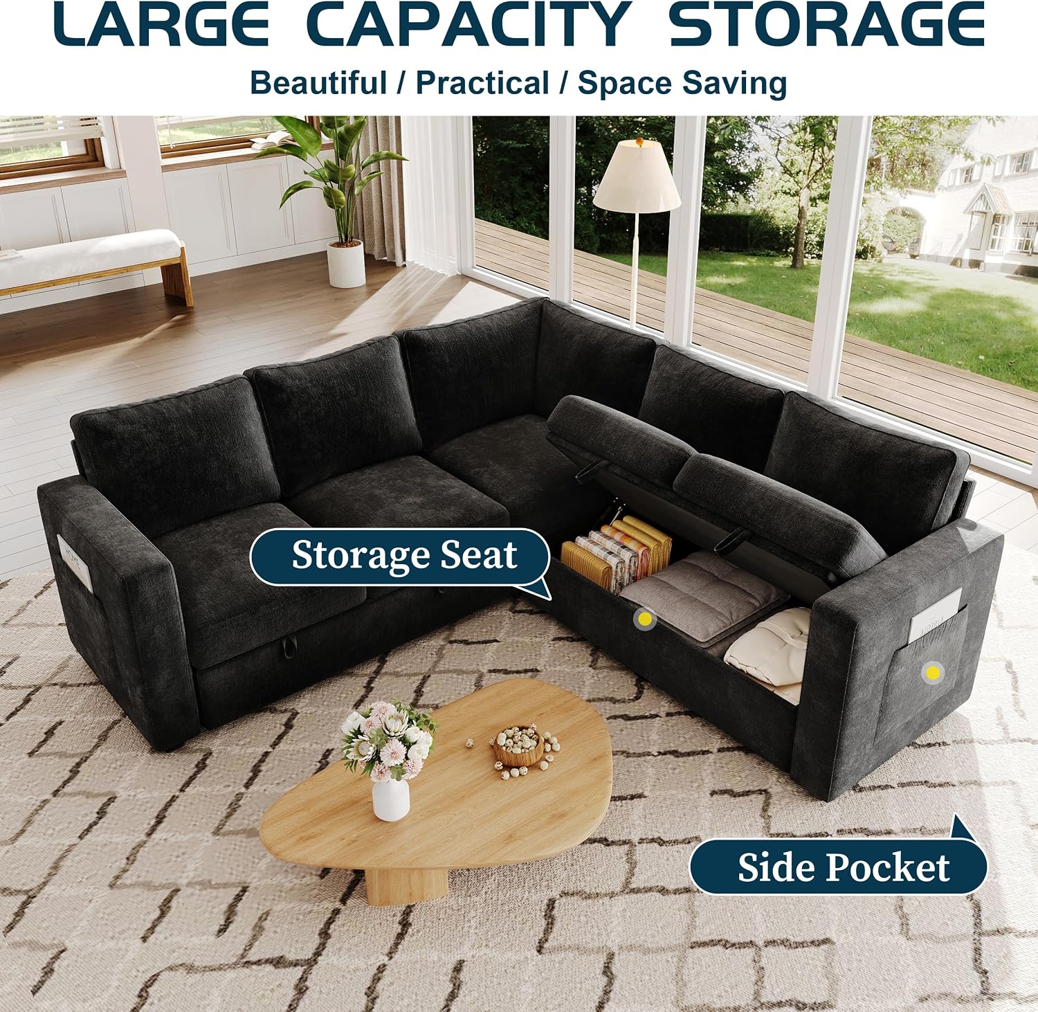 83.5' Sectional Sleeper Sofa with Pull Out Couch, Modern 5 Seat L Shaped Modular Couch, Sectionals Modular Sofa with Storage, Comfy Sectional Couches for Living Room & Apartment, Black