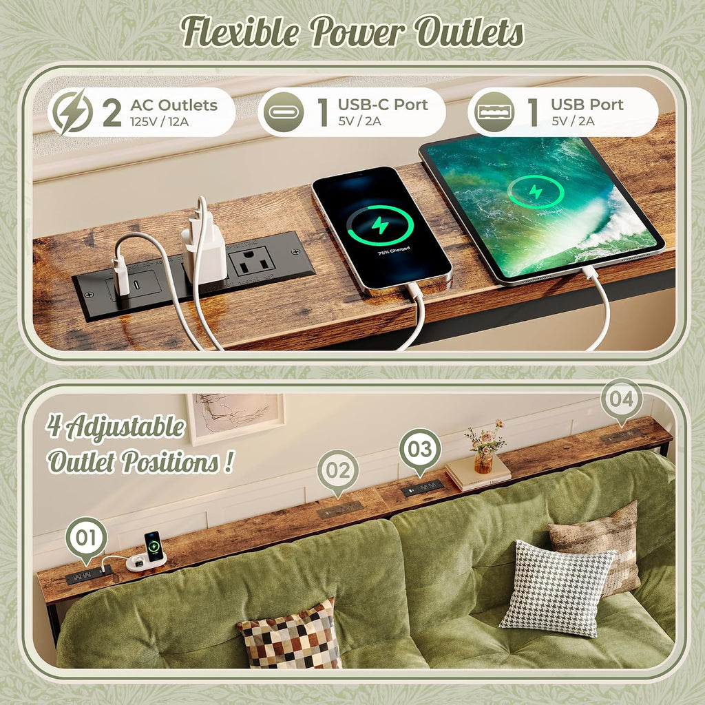 Huuger 110.2 Inch Sofa Table with Power Outlets, 23.9''-34.4'' Height Adjustable Range, Behind Couch Table with USB-C Ports, Sofa Tables Narrow Long, Skinny Console Table, Small Spaces, Rustic Brown