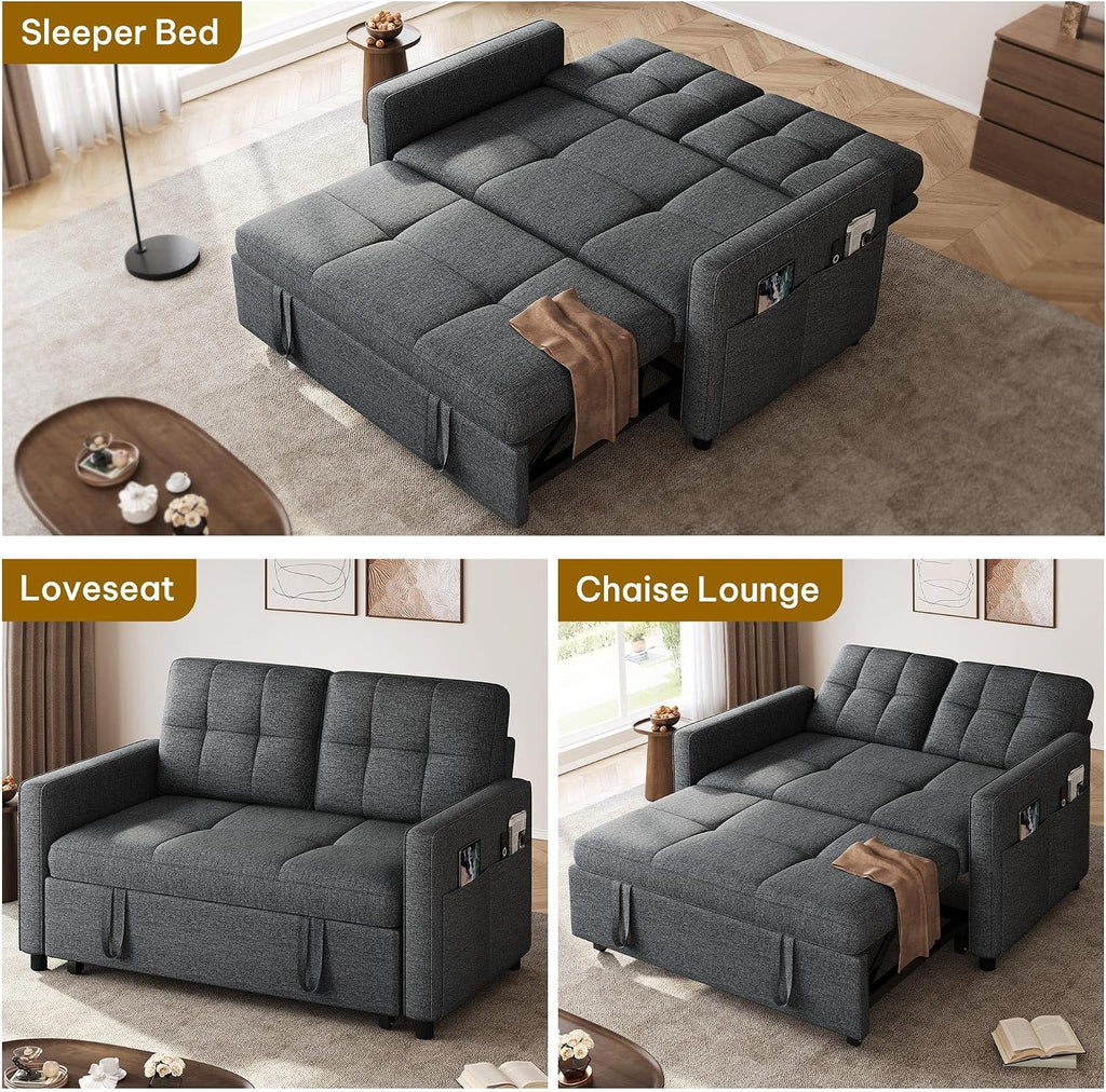 DWVO 55' Convertible Sofa Bed, 3-in-1 Sleeper Sofa with Pull-Out Bed, Linen Futon Couch with Adjustable Backrest and Side Pocket, Modern Loveseat for Living Room Apartment, Grey