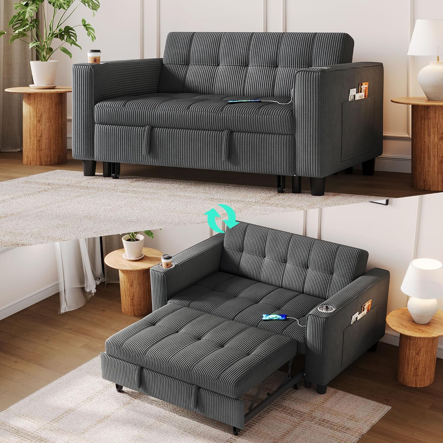 LINSY Sleeper Sofa Bed, 54' Pull Out Couch with Charging Station & Cup Holder, Small 3 in 1 Convertible Loveseat Sleeper Couch for Apartment, Dorm Room, Bedroom and Small Space, Corduroy Gray