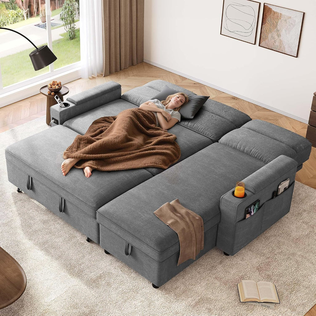 DWVO Convertible Sleeper Sofa with Adjustable Backrest & Pull Out Bed, L-Shaped Sectional Sofa Bed with Armrest & USB Port, Upholstered Sectional Couch for Living Room, No-Tool Assembly, Grey