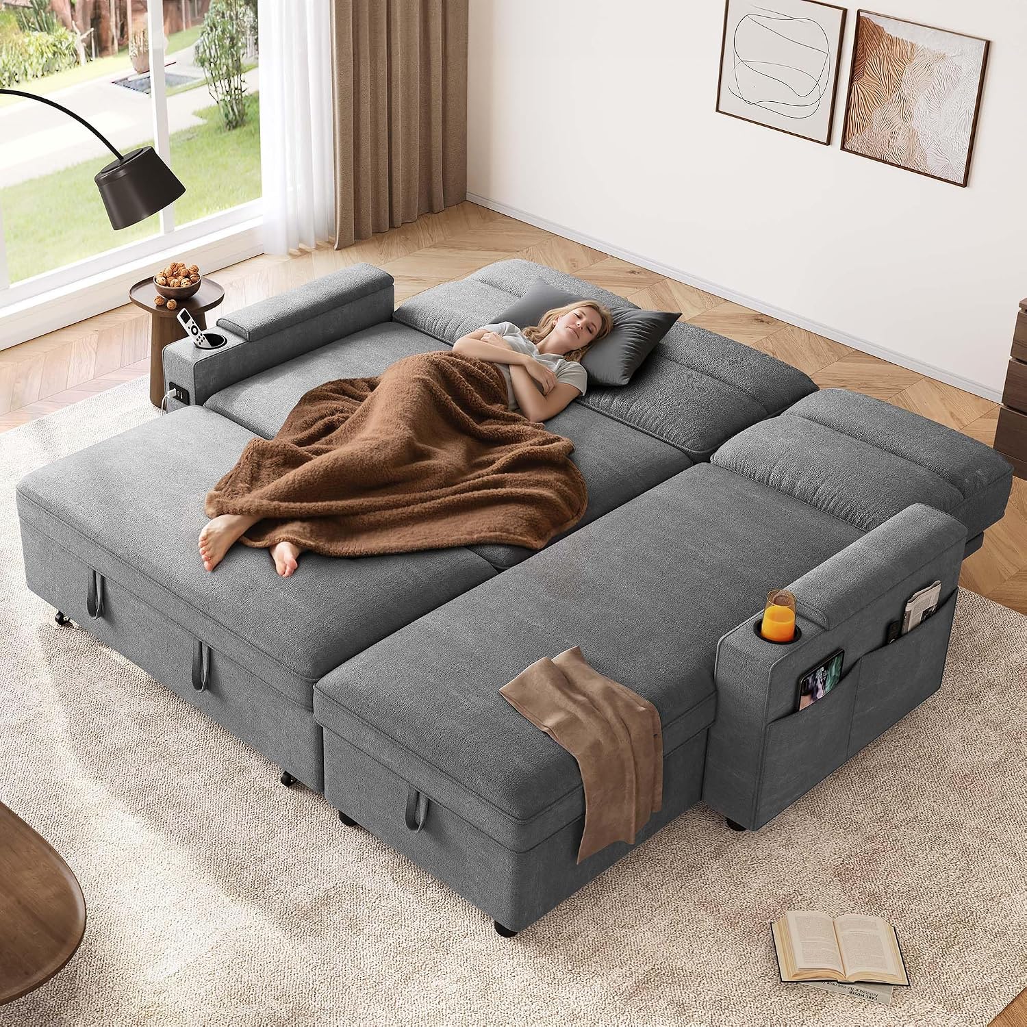 DWVO Convertible Sleeper Sofa with Adjustable Backrest & Pull Out Bed, L-Shaped Sectional Sofa Bed with Armrest & USB Port, Upholstered Sectional Couch for Living Room, No-Tool Assembly, Grey