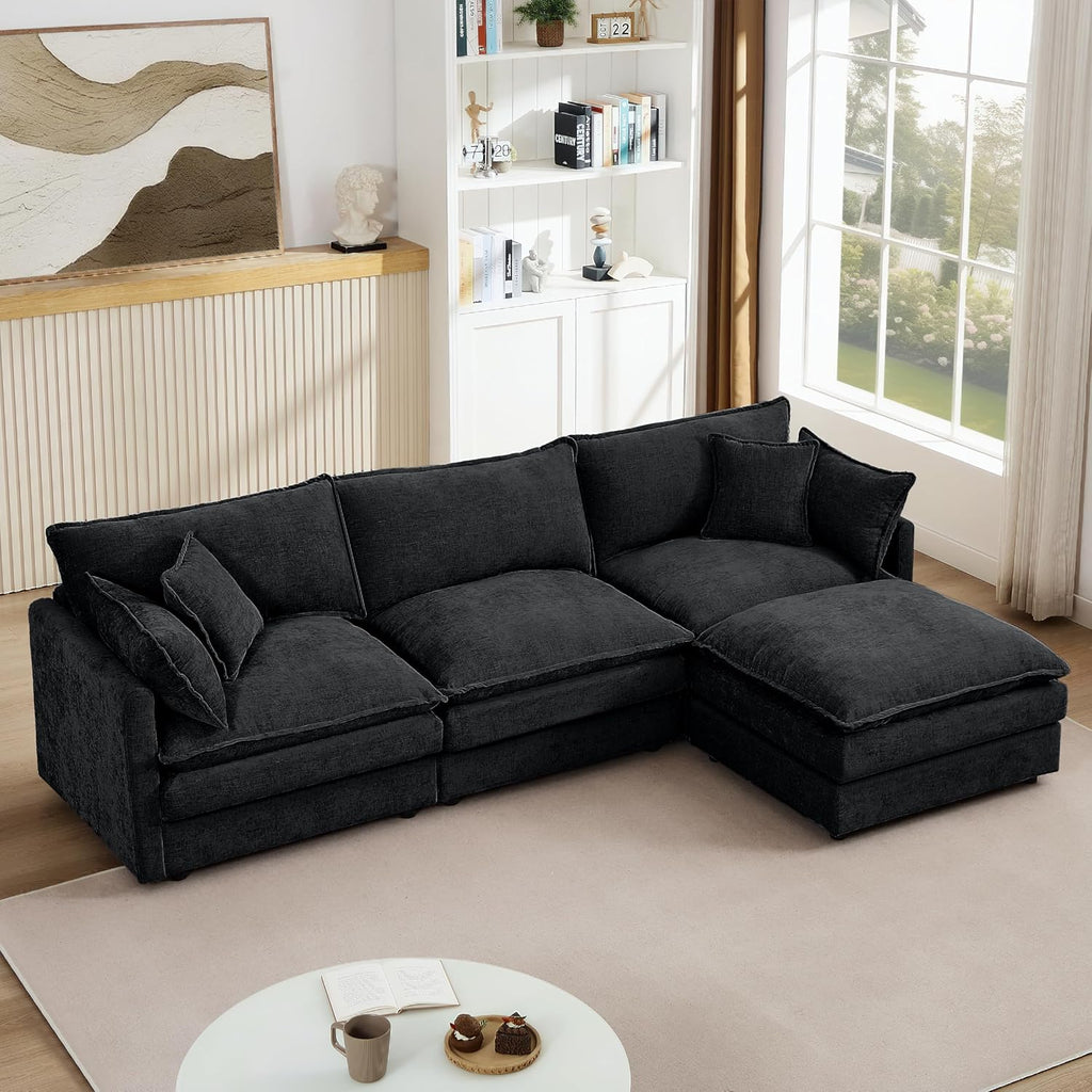 Harper & Bright Designs 105' W Modular L-Shaped Sectional Sofa with Removable Ottoman, 3-Seater Configurable Layout, Black